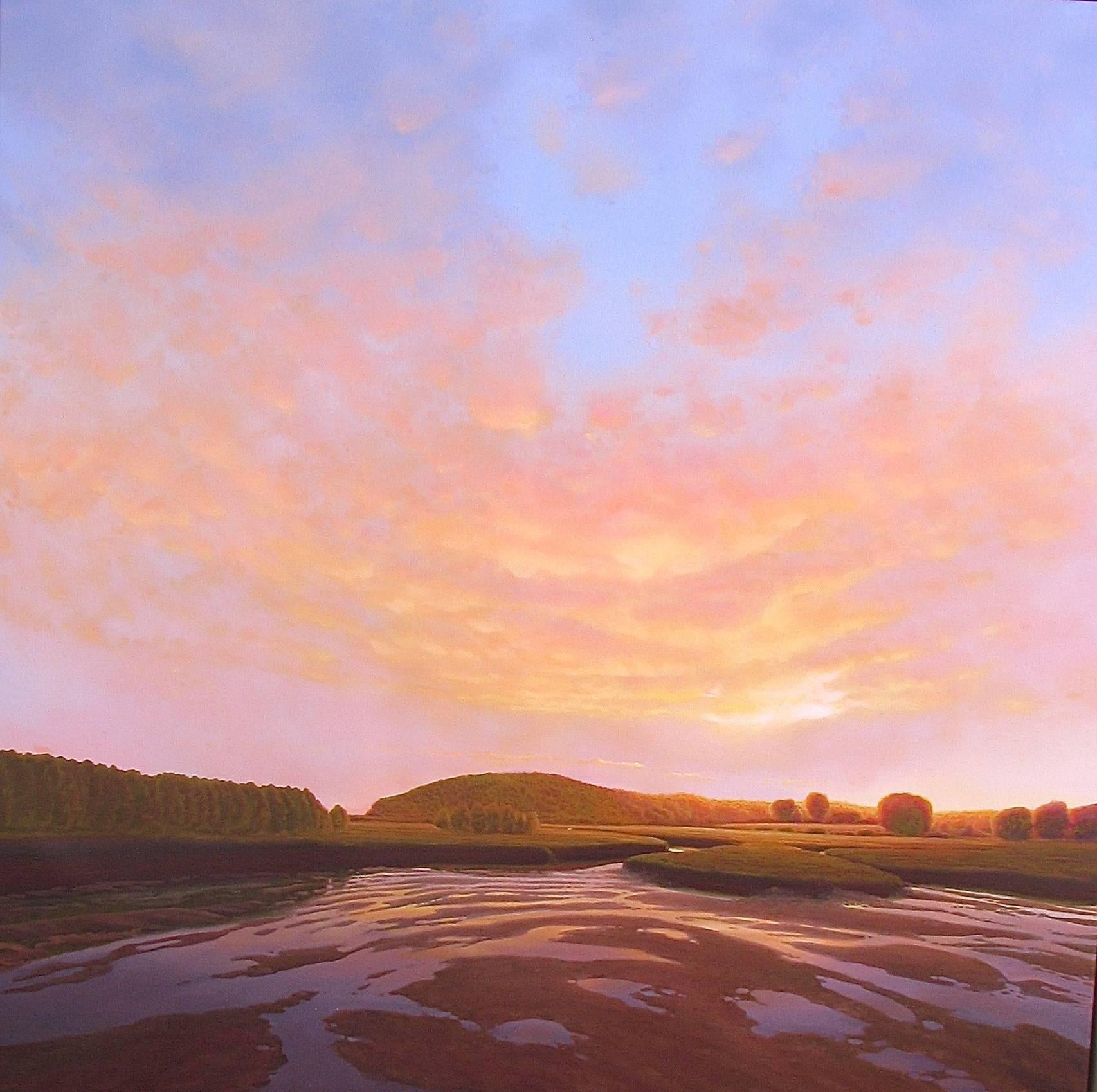 Kimberly MacNeille Landscape Painting - "Sunset on Golden Marsh"  Large Landscape with Pink/Orange Sky and Setting Sun
