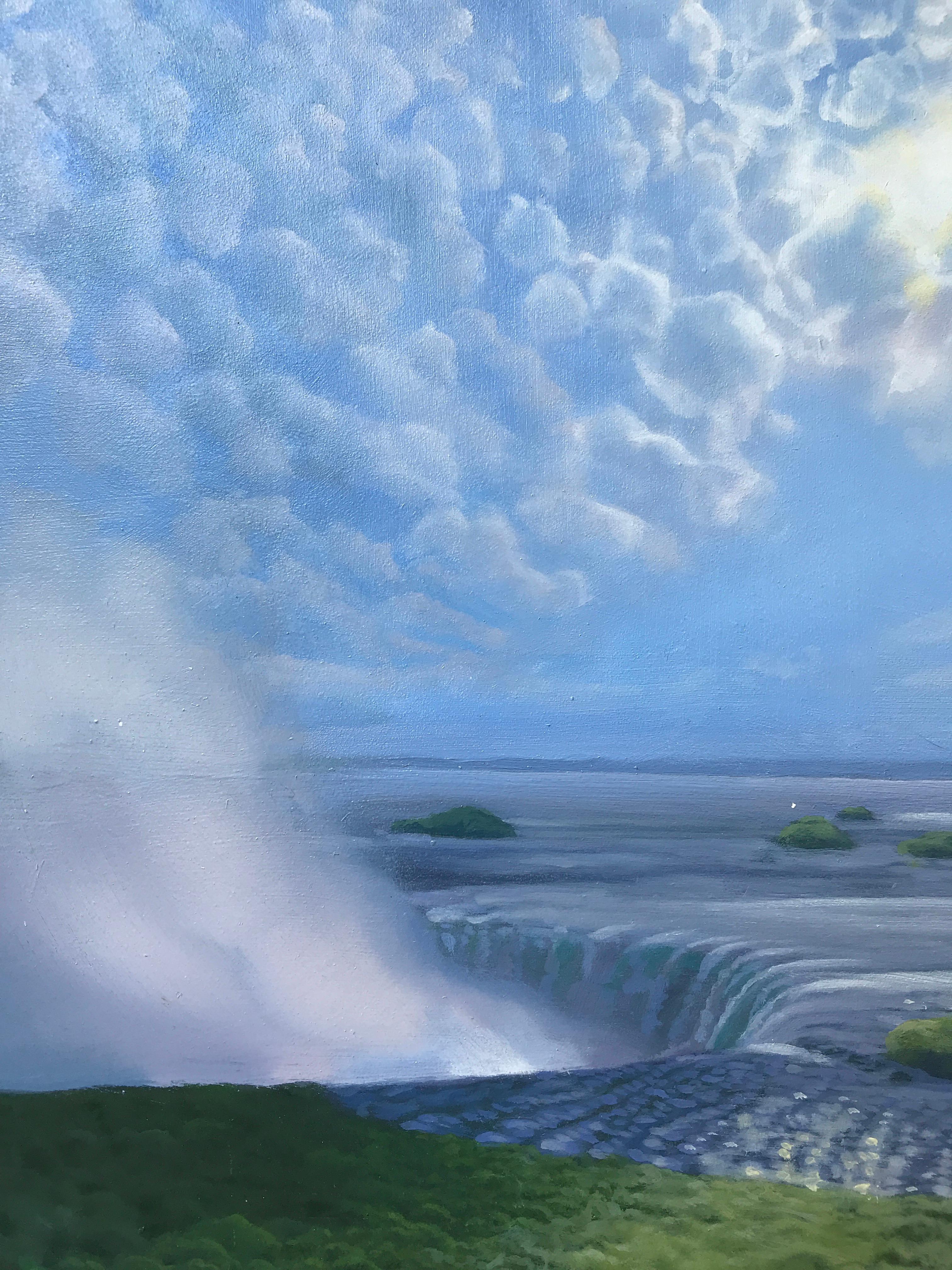 „Wasserfall, Sprüh, Wolken“  Landschafts-/Wasserlandschaft Himmel mit Sonne  (Fotorealismus), Painting, von Kimberly MacNeille