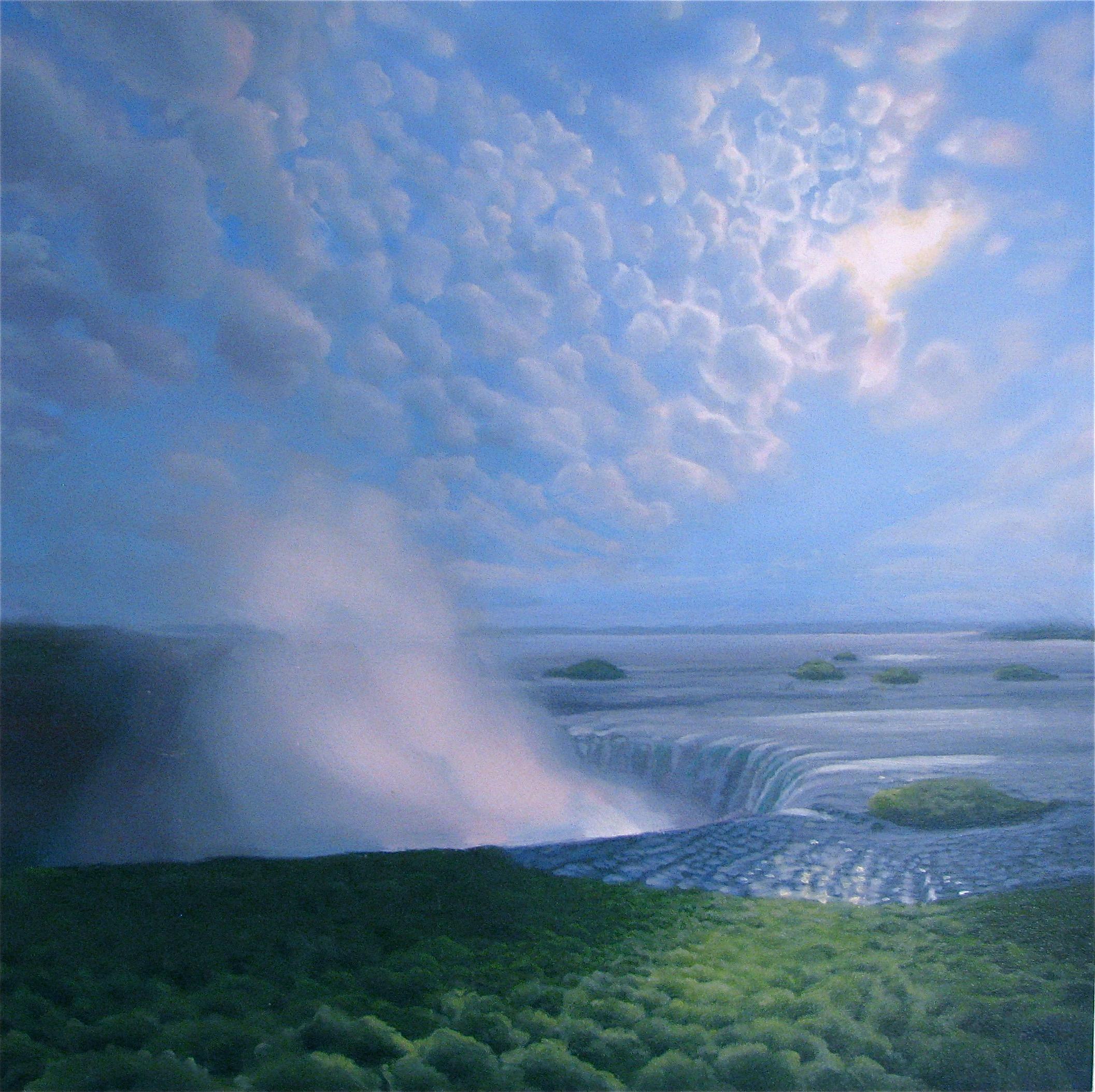 Kimberly MacNeille Landscape Painting - "Waterfall, Spray, Clouds"  Small Landscape/Waterscape Sky with Sun 