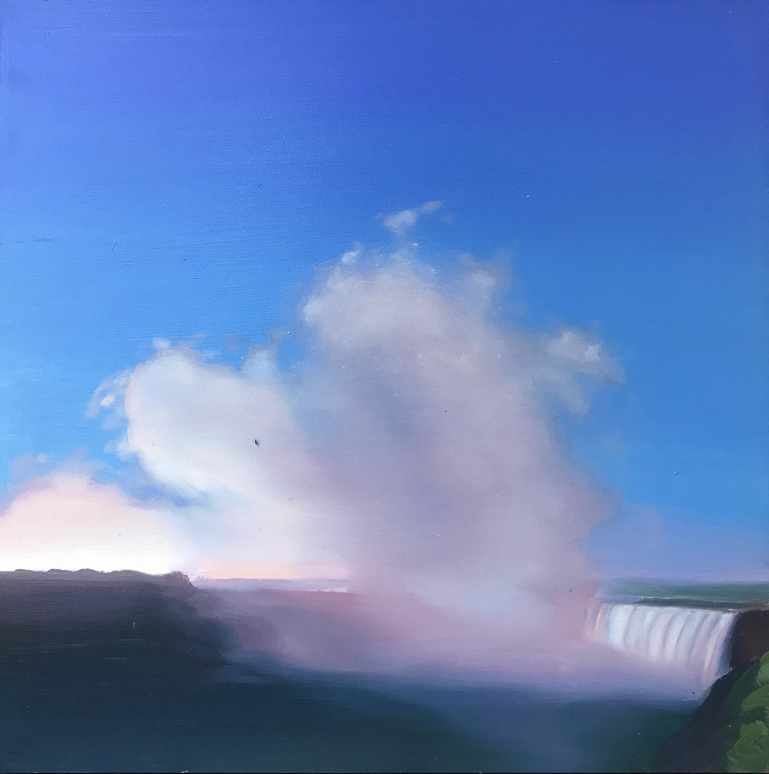 Landscape Painting Kimberly MacNeille -  ""Waterfall and Spray n°1"   Petit paysage / paysage aquatique nuages bleus ciel et roses