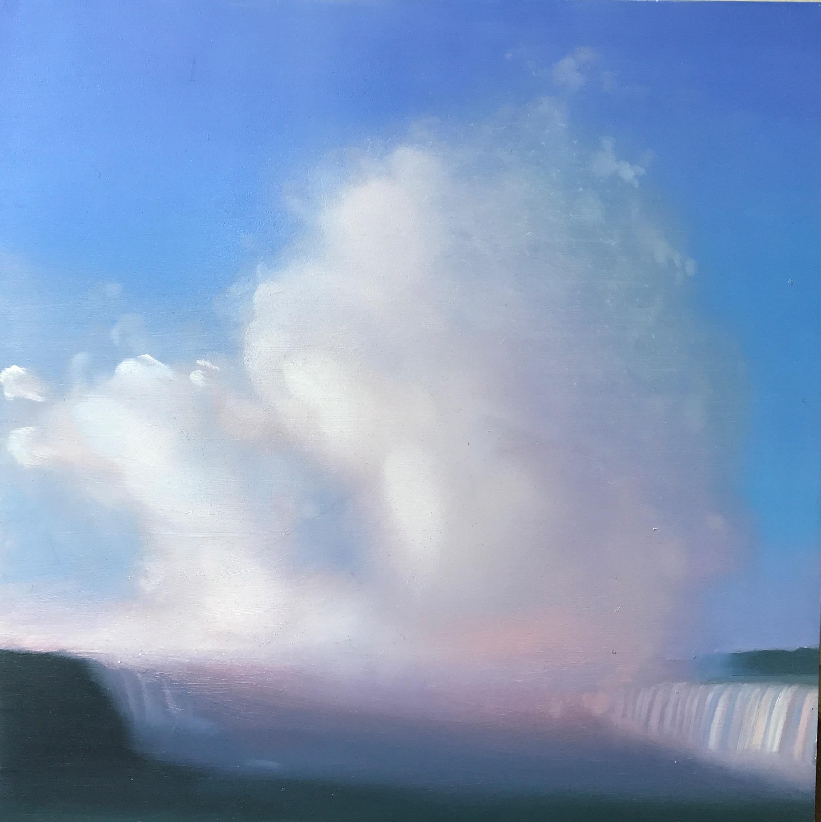 Kimberly MacNeille Landscape Painting - "Waterfall and Spray #2"  Small landscape/waterscape dusk clouds sky blue pink 