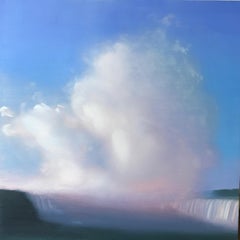 ""Waterfall and Spray #2"  Petit paysage / paysage aquatique nuages bleu ciel et rose 