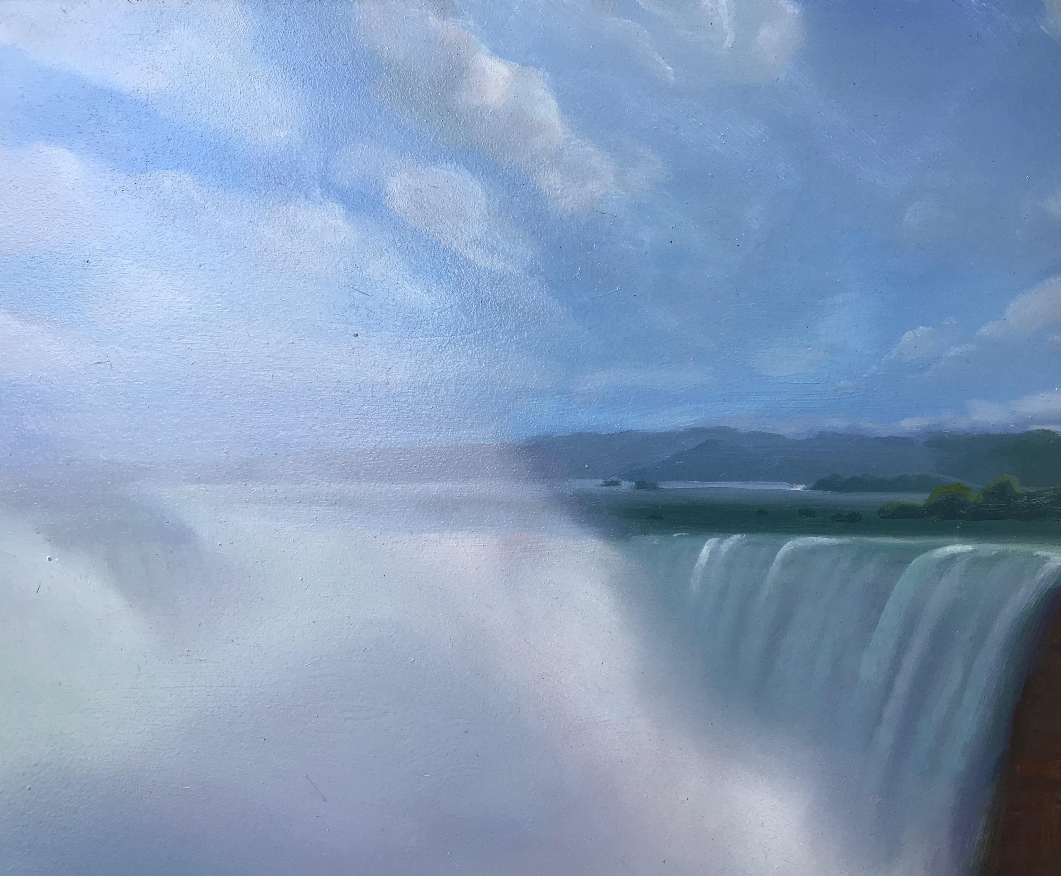 « Waterfall and Spray #4 » (La cascade et l'aérosol)  Petit paysage / paysage aquatique avec arbustes, ciel, nuages - Painting de Kimberly MacNeille