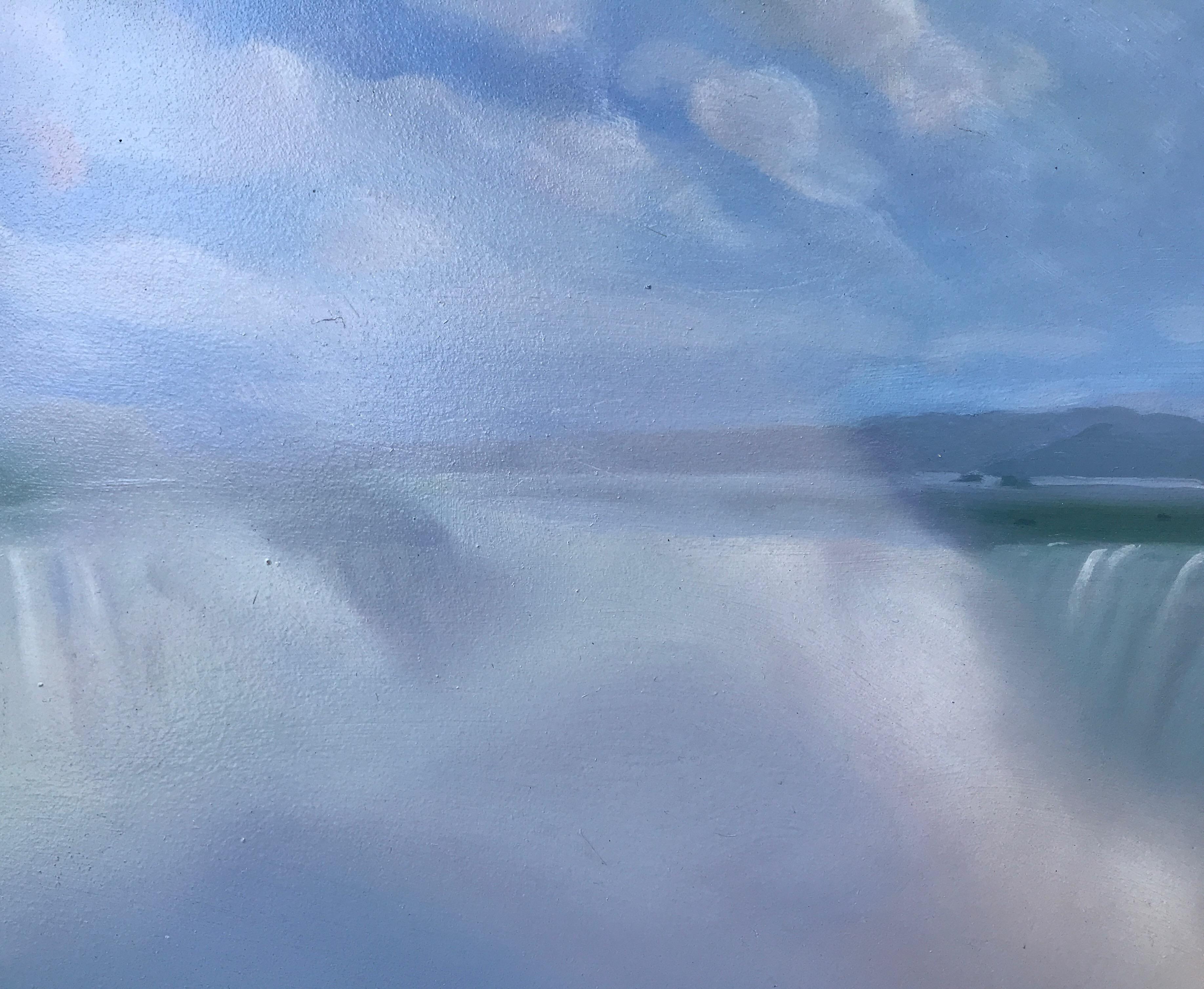 « Waterfall and Spray #4 » (La cascade et l'aérosol)  Petit paysage / paysage aquatique avec arbustes, ciel, nuages - Bleu Landscape Painting par Kimberly MacNeille