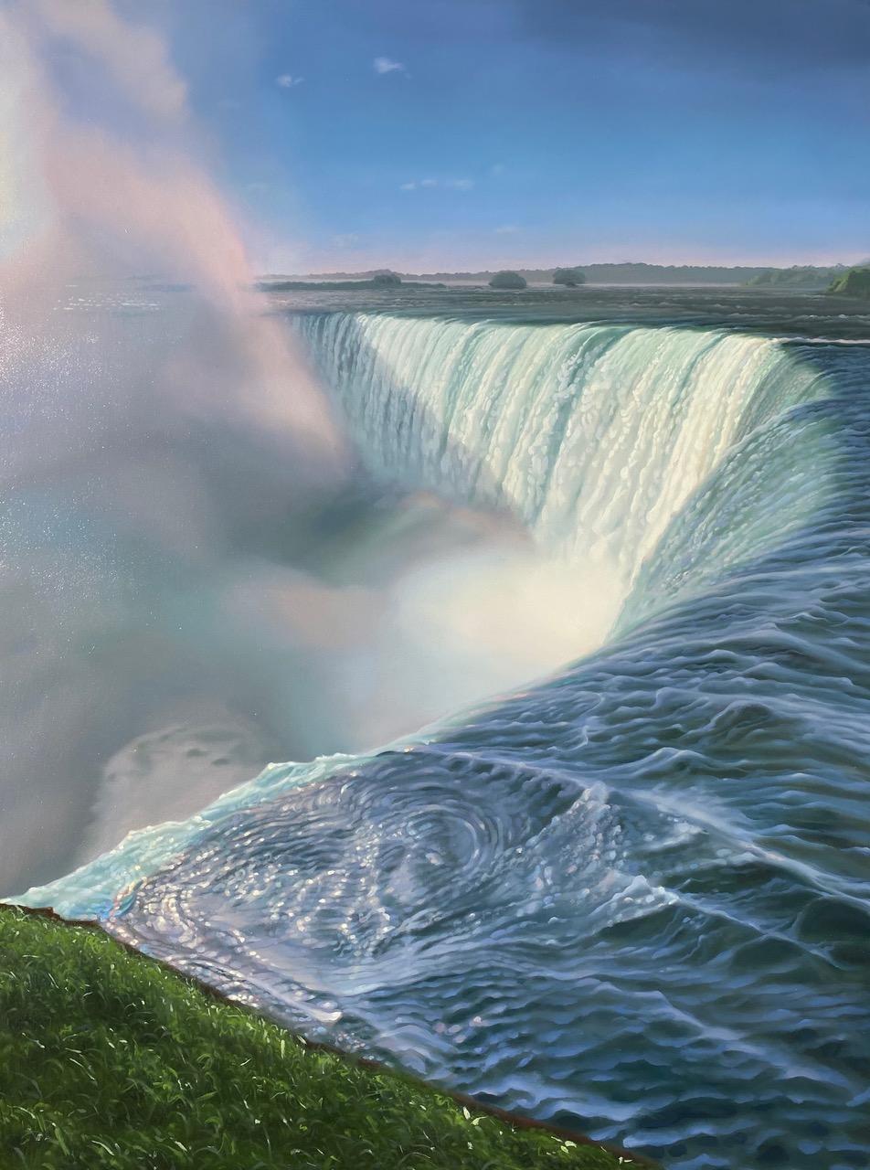 Kimberly MacNeille Landscape Painting - "Waterfall from Above"  Large landscape/waterscape of Niagara with greenery