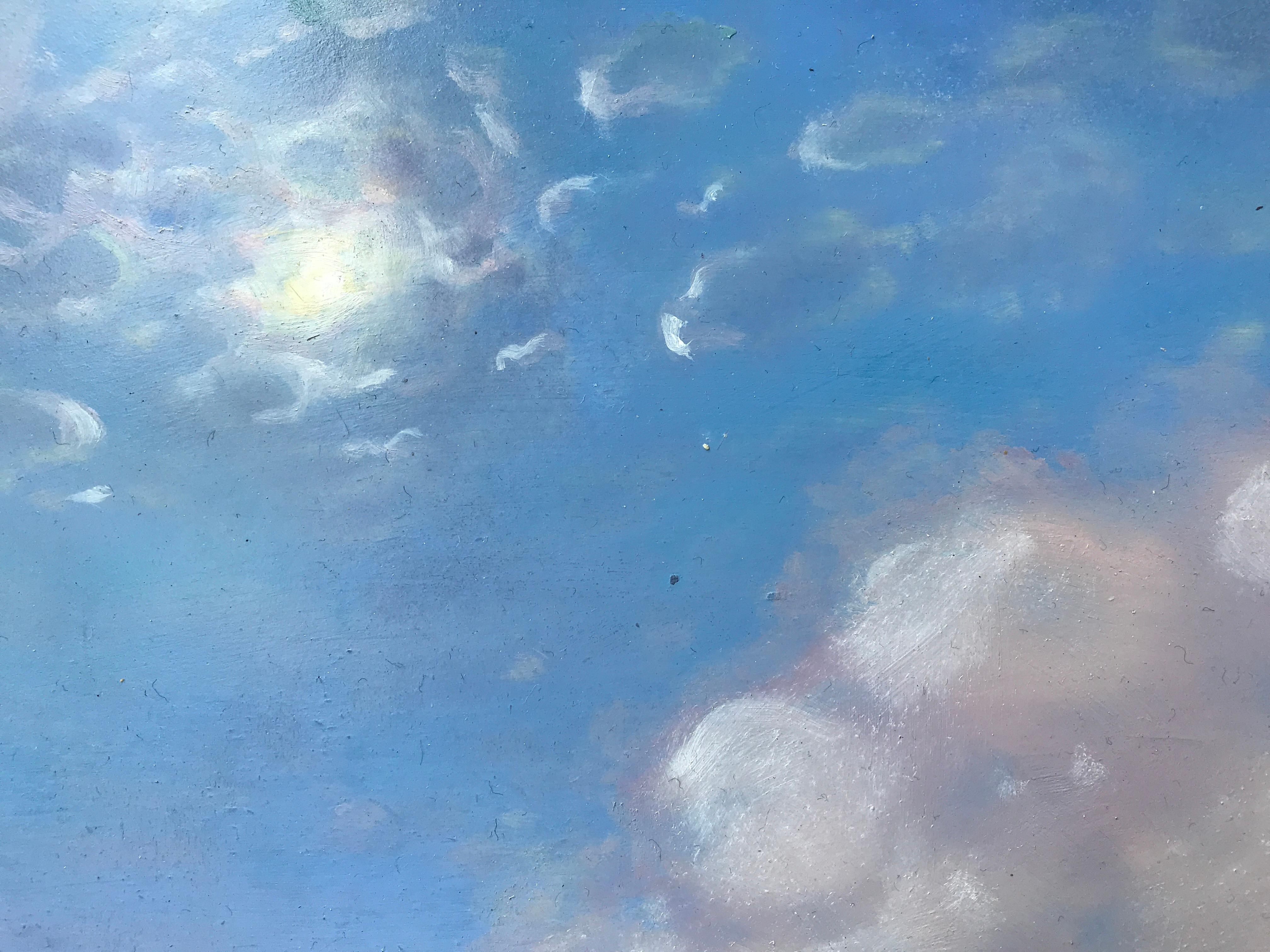 « cascade, gerbe d'air, nuages ».  Petit paysage / paysage aquatique nuages bleu ciel et rose - Painting de Kimberly MacNeille