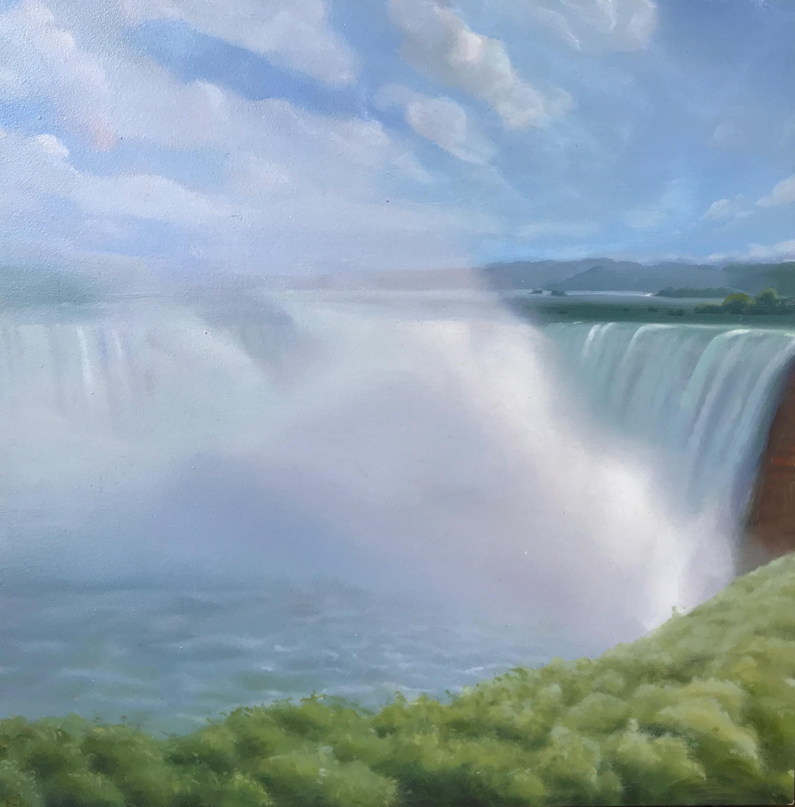 « cascade, gerbe d'air, nuages ».  Petit paysage / paysage aquatique nuages bleu ciel et rose en vente 4