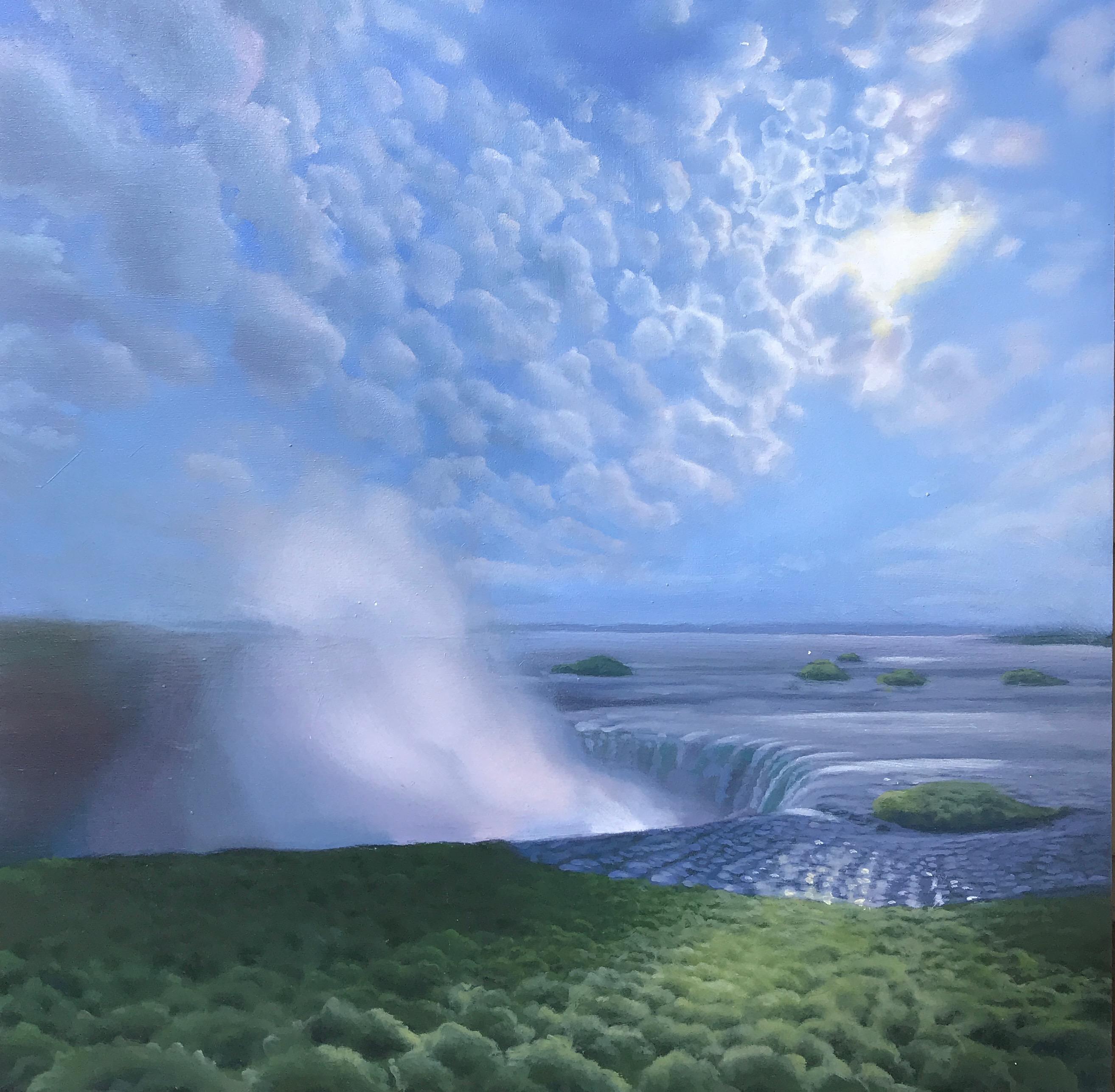 « cascade, gerbe d'air, nuages ».  Petit paysage / paysage aquatique nuages bleu ciel et rose en vente 3