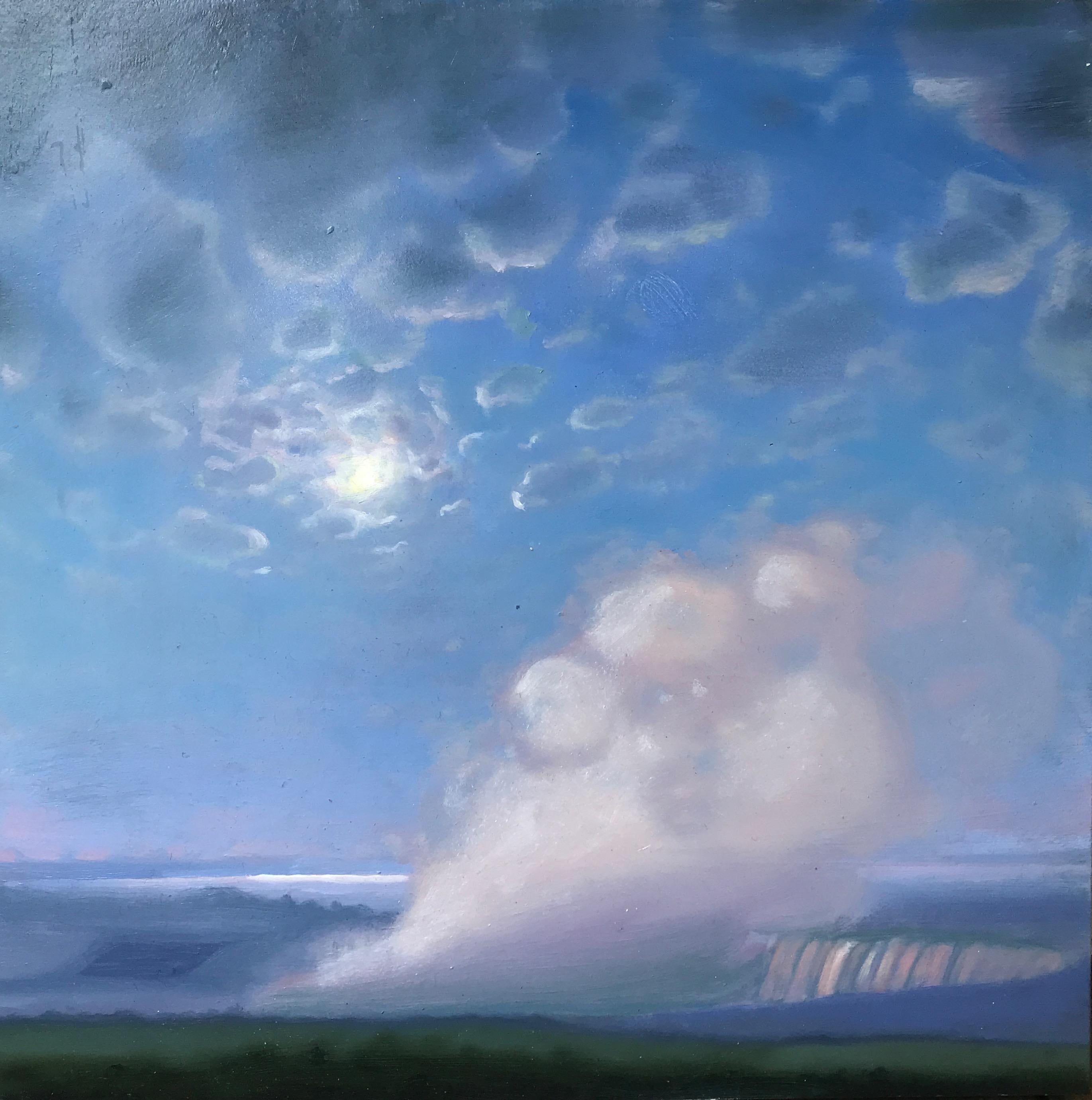 Kimberly MacNeille Landscape Painting - "Waterfall, Spray, Clouds"  Small landscape/waterscape dusk clouds sky blue pink