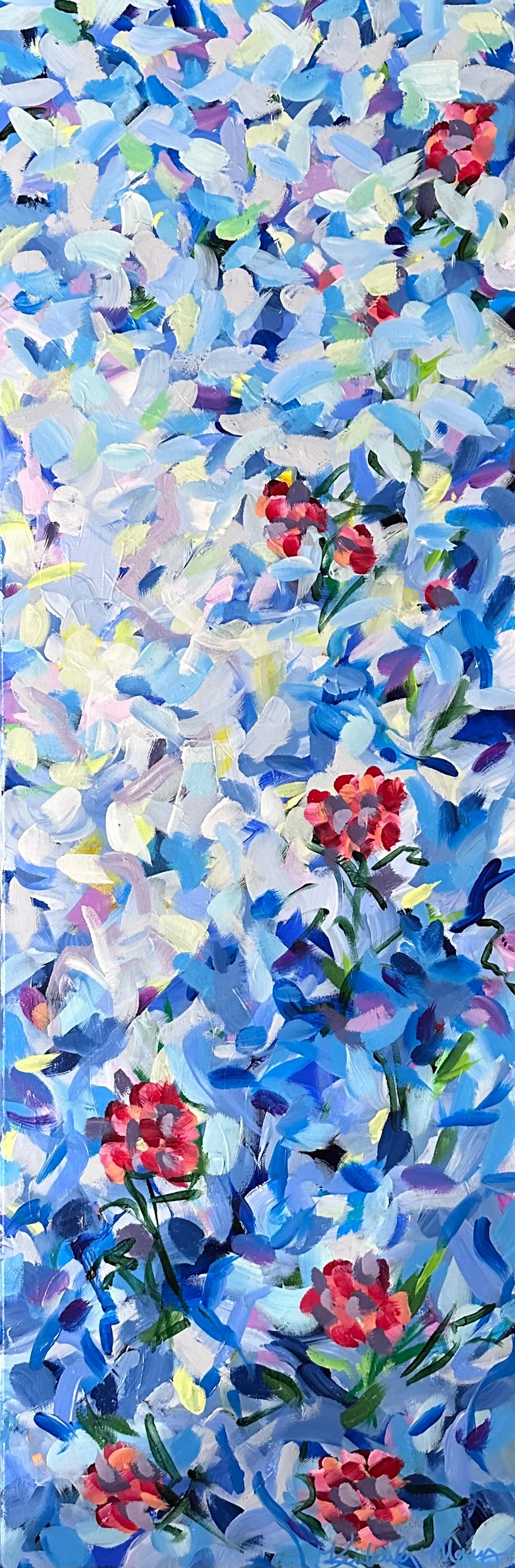 Daybreak (Abstract, Blue, Flowers, Floral, Landscape, Garden, Yellow, Pink) - Painting by Kimberly Marney