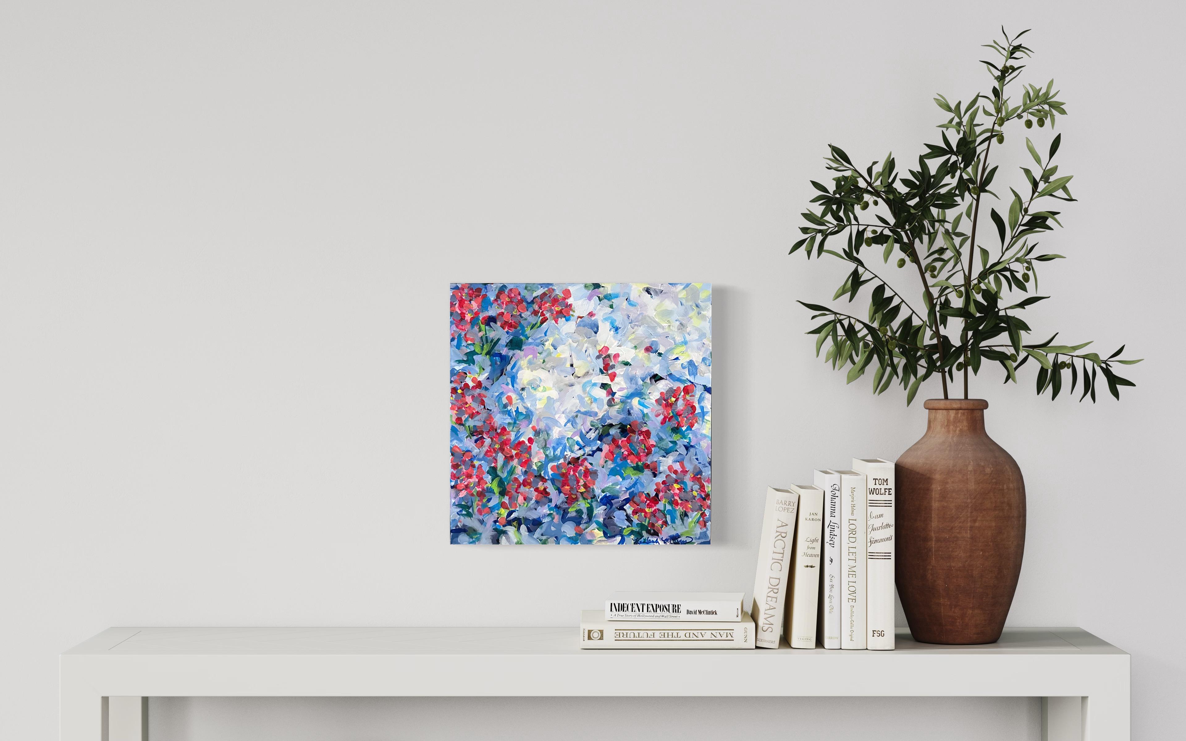 Émergence abstraite, florale, bleue, rouge, paysage, jardin) - Painting de Kimberly Marney