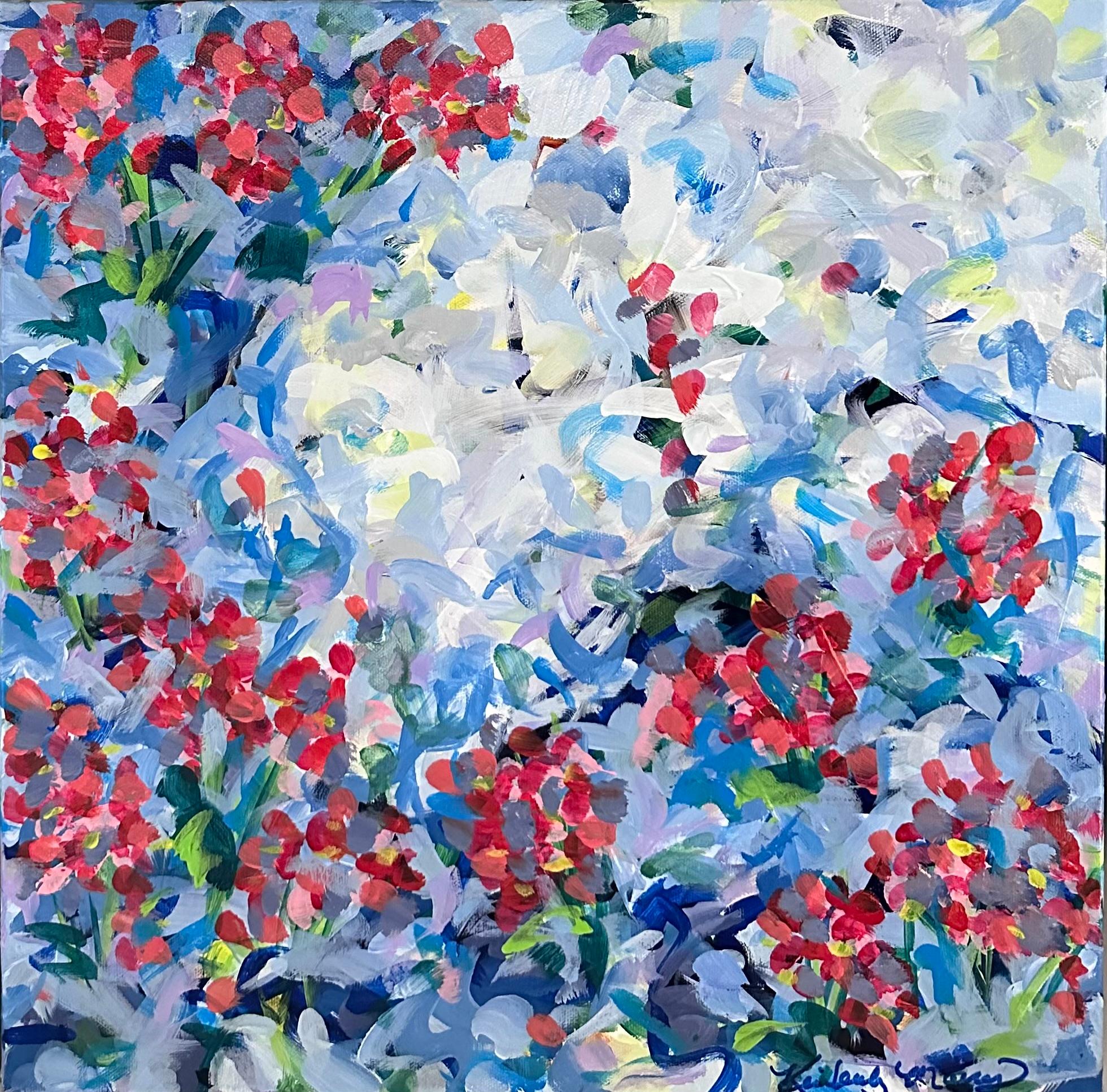 Kimberly Marney Landscape Painting - Emergence (Abstract, Floral, Blue, Red, Landscape, Garden)