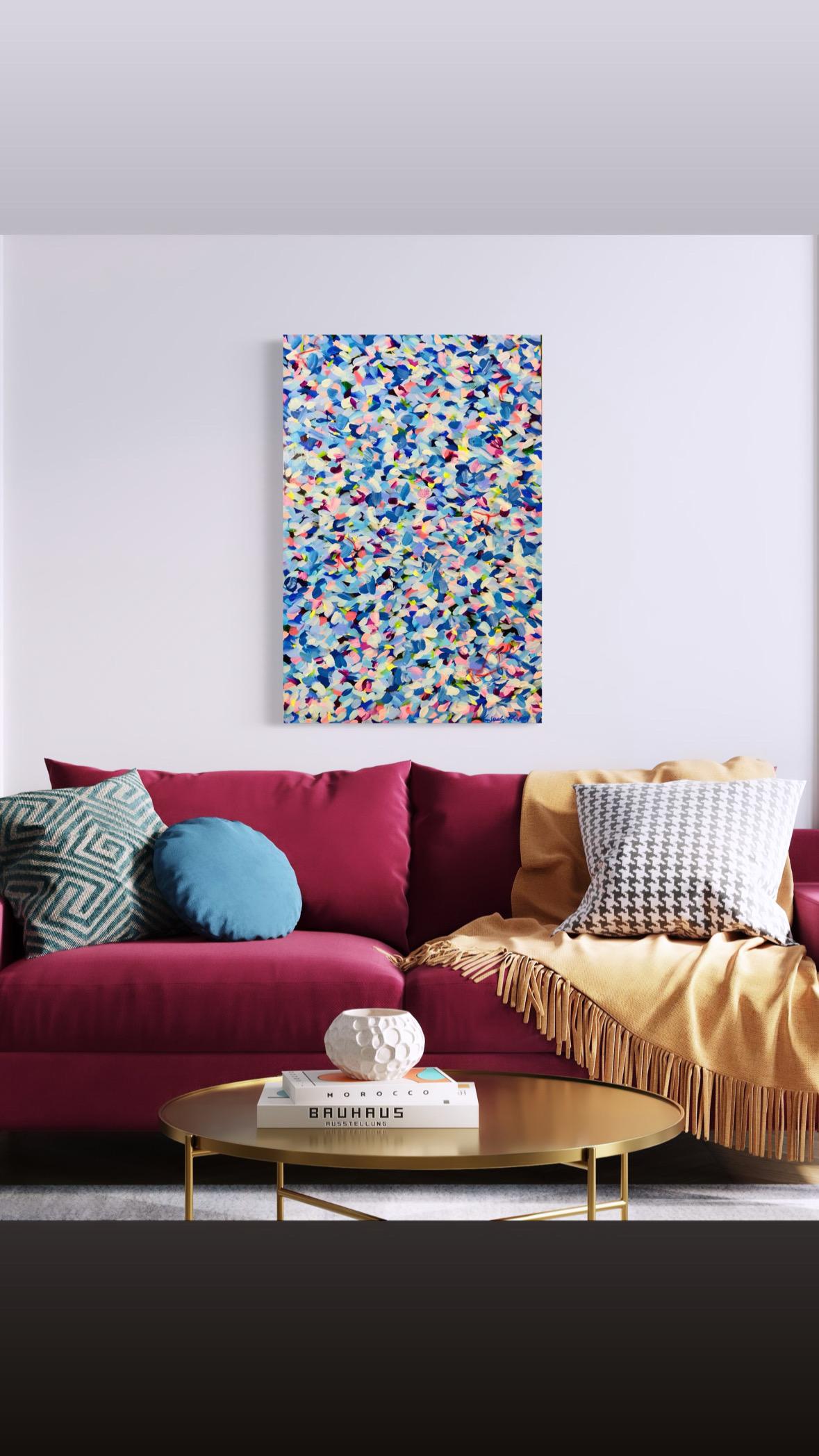 Schimmern (Blau, Rosa, Gelb, Weiß, Abstrakt, Pointillismus, Floral) – Painting von Kimberly Marney