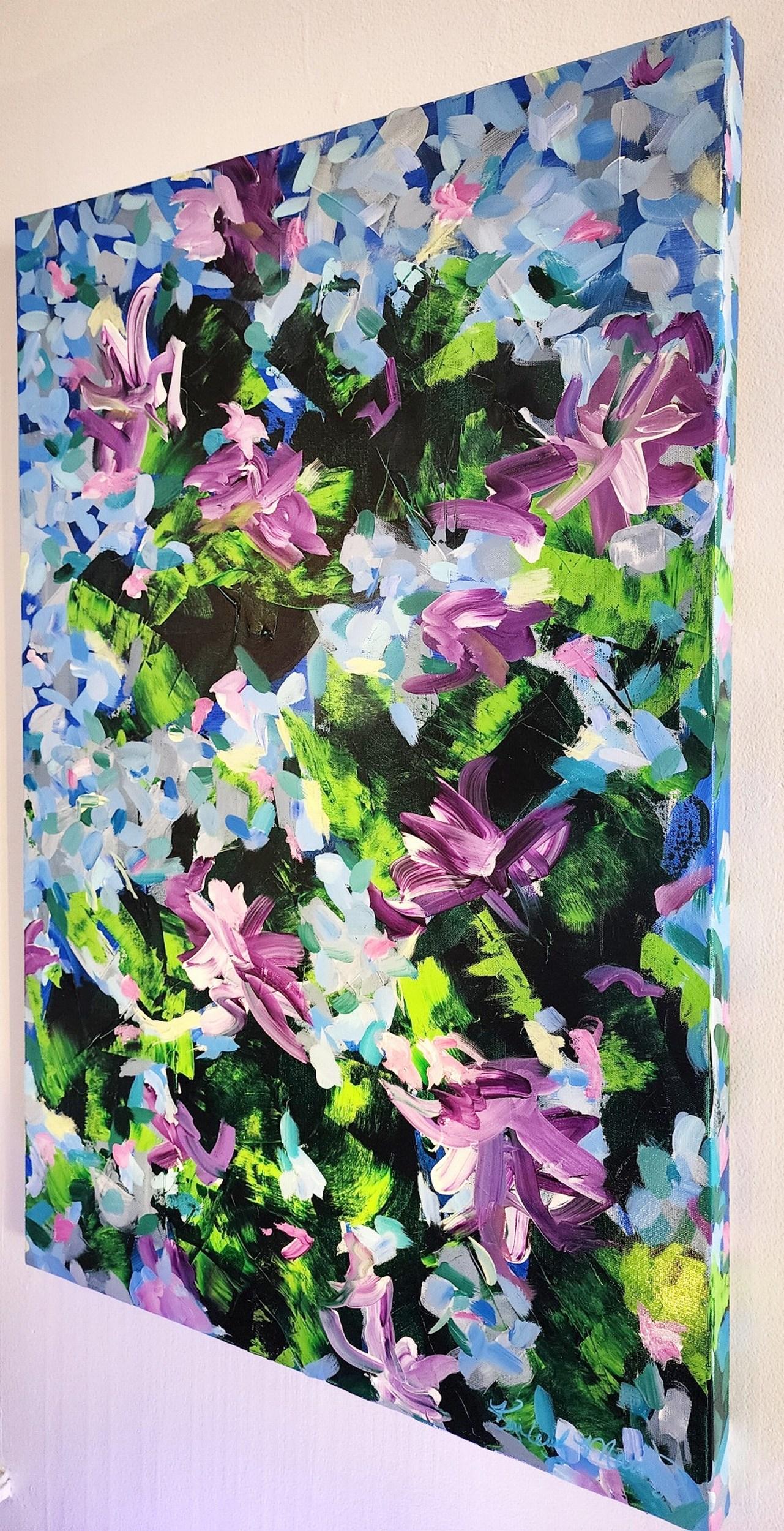 Joy (Abstract, Floral, Blue, Pink, Rose, Purple, Landscape, Garden) - Painting by Kimberly Marney