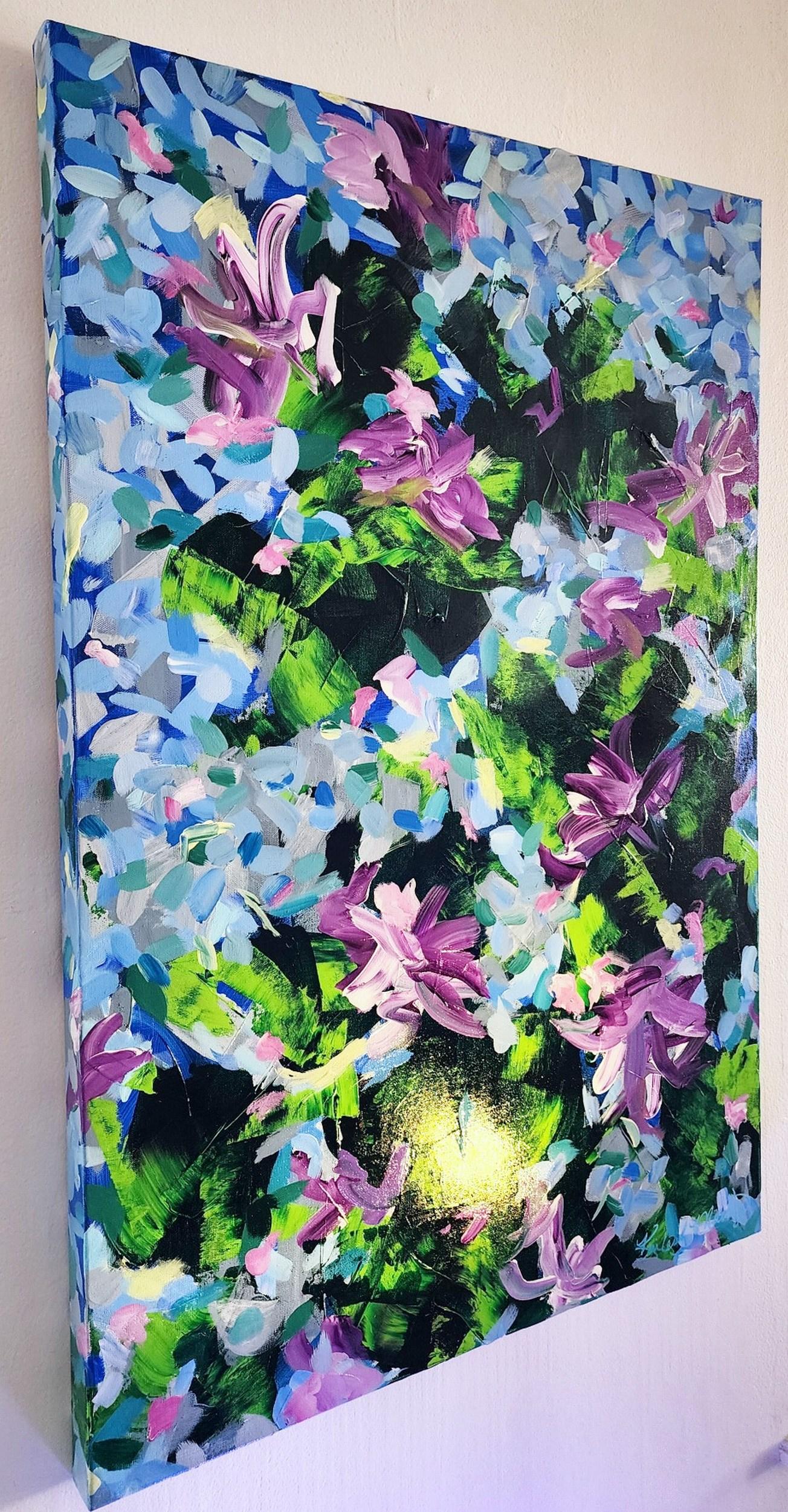 Joy (Abstrak, Blumen, Blau, Rosa, Rose, Lila, Landschaft, Garten) (Zeitgenössisch), Painting, von Kimberly Marney