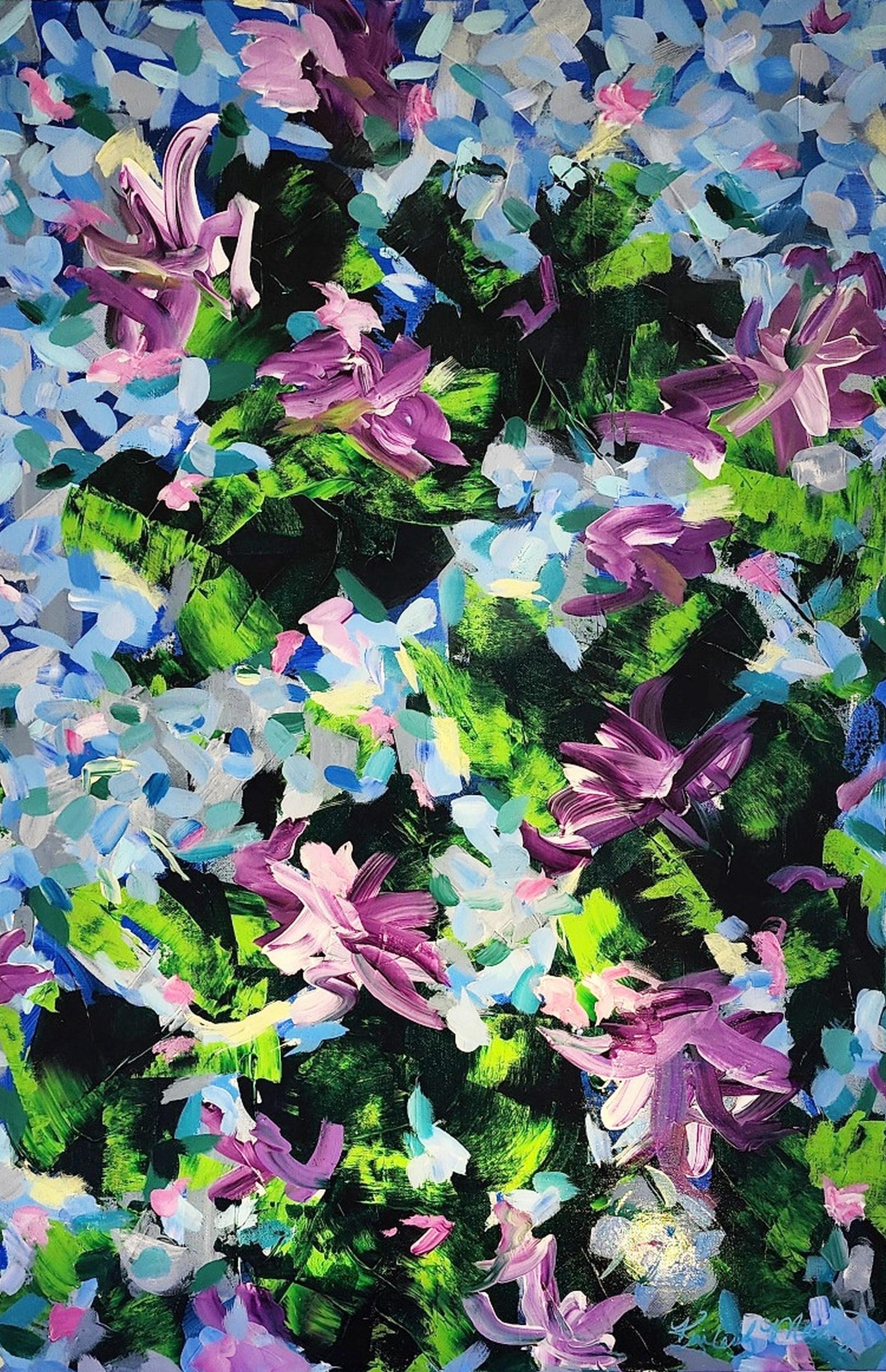 Kimberly Marney Abstract Painting – Joy (Abstrak, Blumen, Blau, Rosa, Rose, Lila, Landschaft, Garten)
