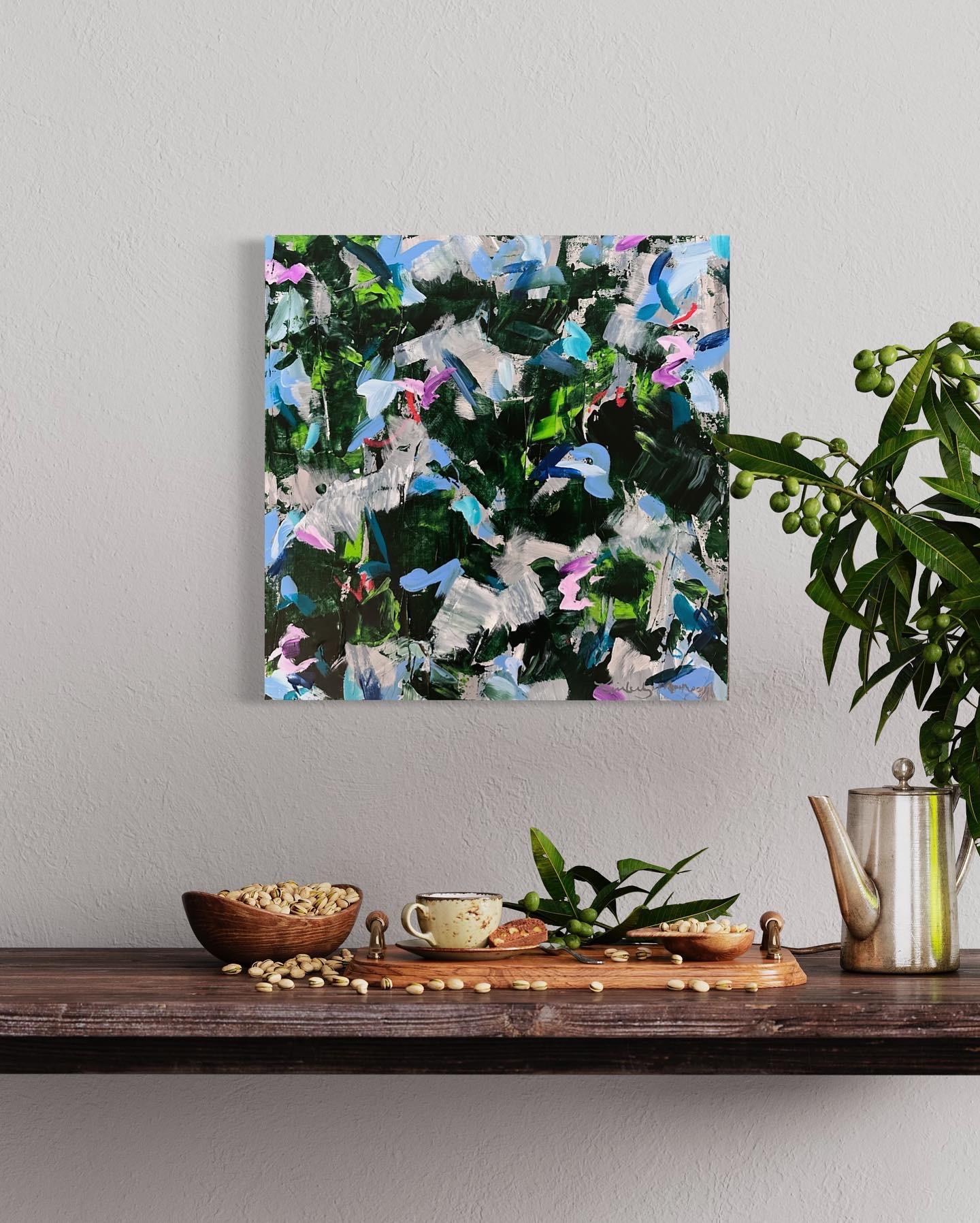 Jungle Love (Abstract, Green, Blue, Jungle, Tropical, Foliage, Nature) - Painting by Kimberly Marney