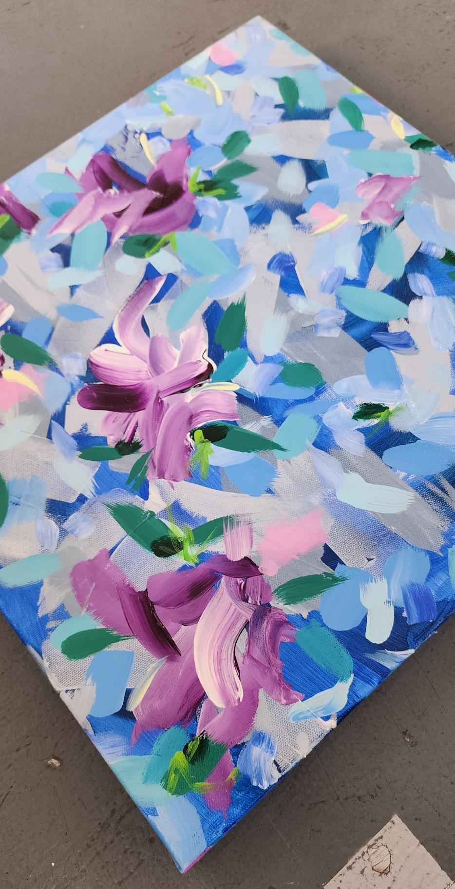Lush '24 (Abstract, Floral, Blue, Pink, Rose, Purple, Landscape, Garden) - Impressionist Painting by Kimberly Marney