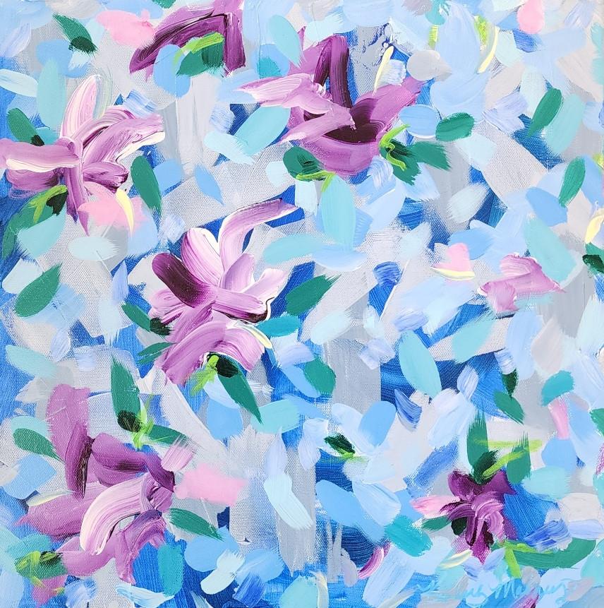 Kimberly Marney Landscape Painting - Lush '24 (Abstract, Floral, Blue, Pink, Rose, Purple, Landscape, Garden)