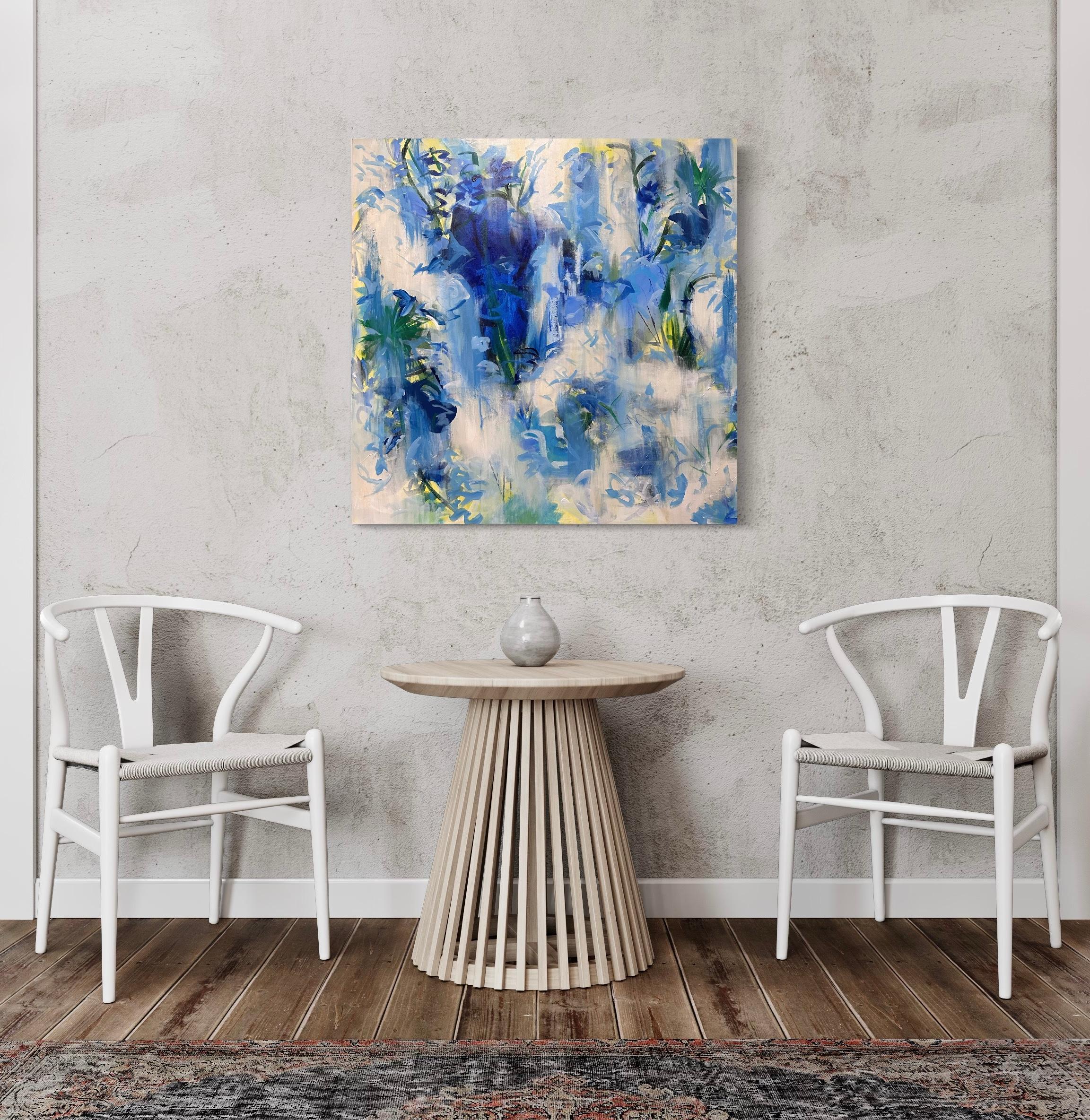 Spring is Sprung (bleu, blanc, jaune, floral, paysage, abstrait) - Painting de Kimberly Marney