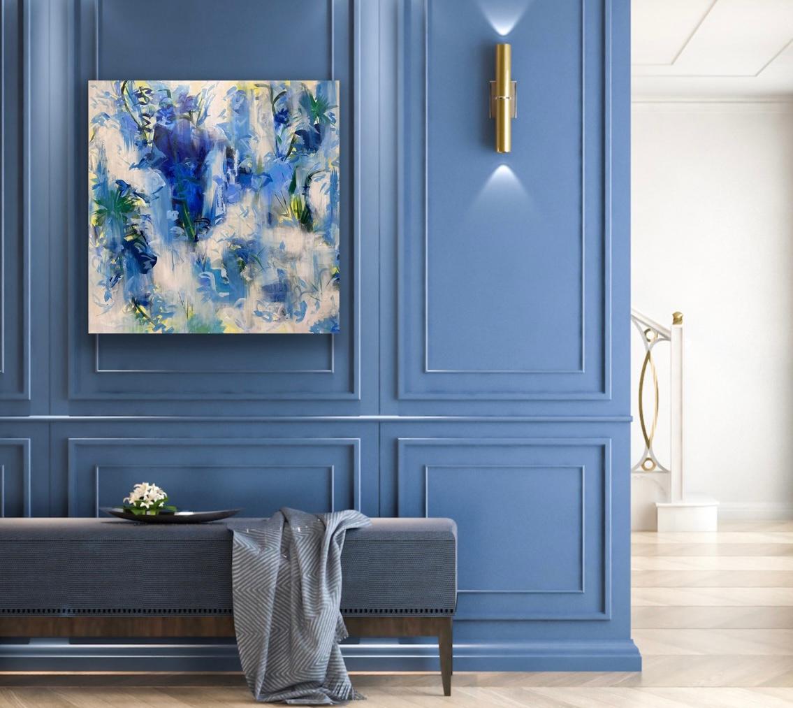 Spring is Sprung (bleu, blanc, jaune, floral, paysage, abstrait) - Impressionnisme abstrait Painting par Kimberly Marney