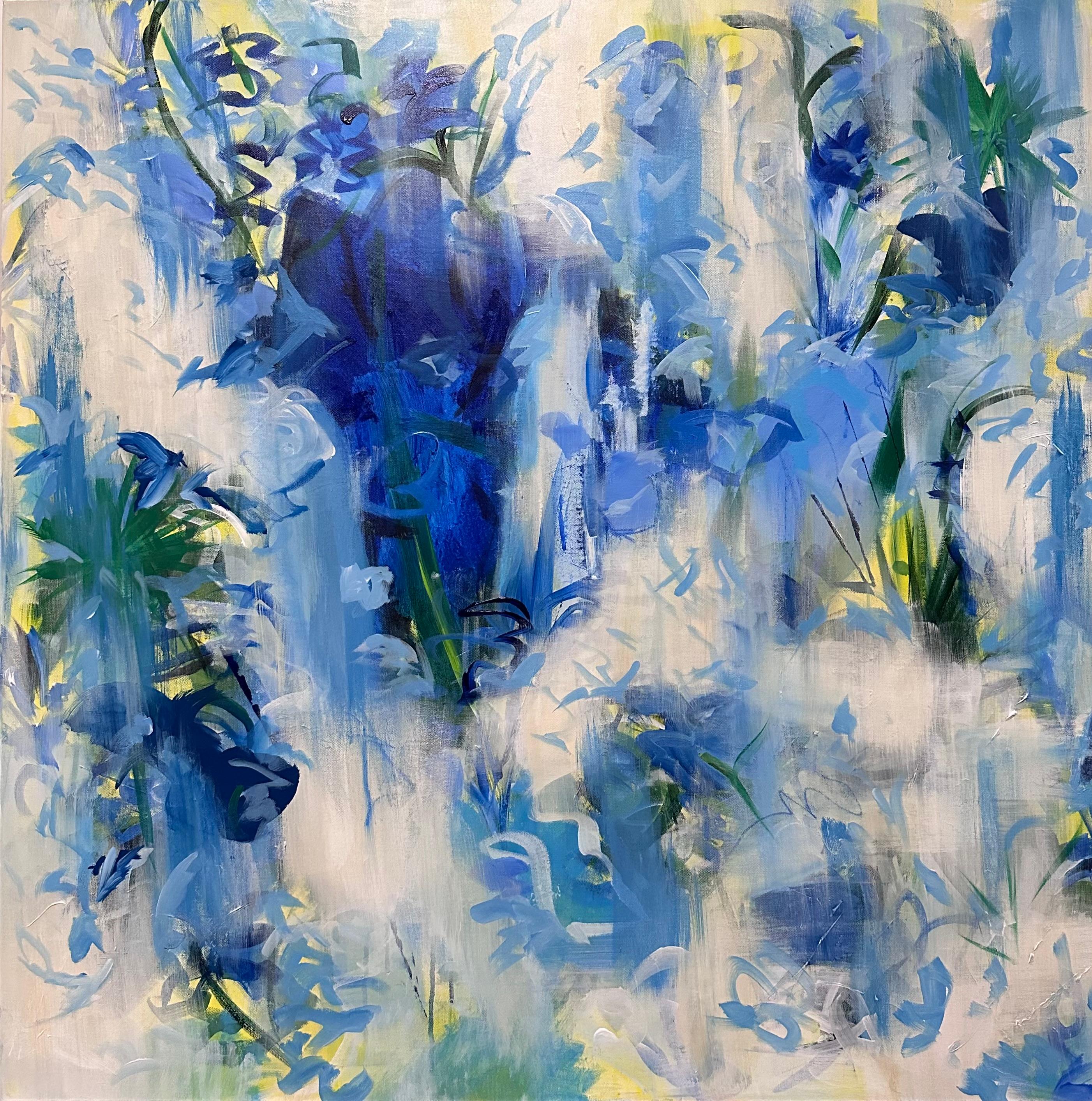 Abstract Painting Kimberly Marney - Spring is Sprung (bleu, blanc, jaune, floral, paysage, abstrait)