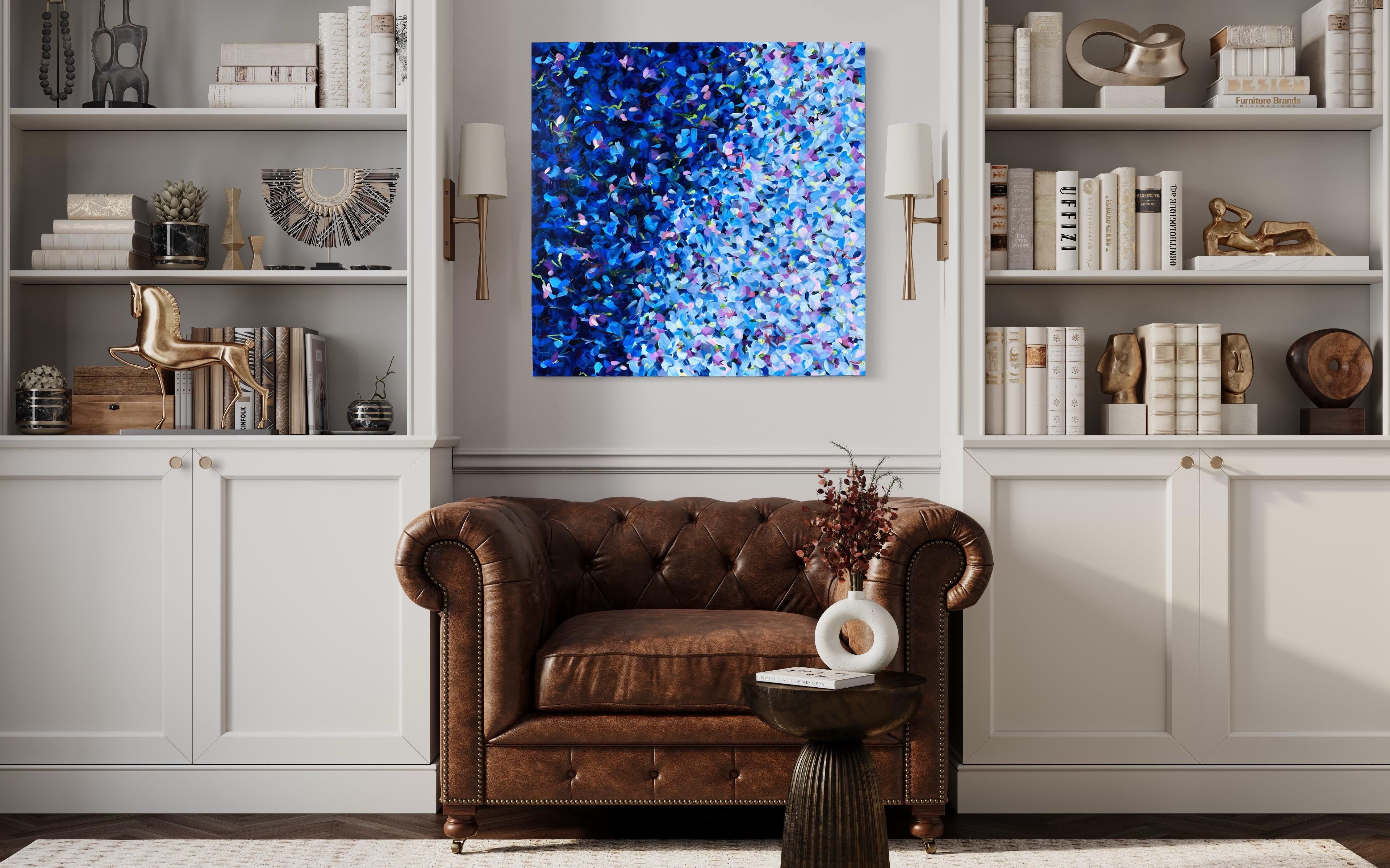 Twinkle (Blau, Abstrakt, Weiß, Rosa, Flieder, Blumen, Landschaft) – Painting von Kimberly Marney
