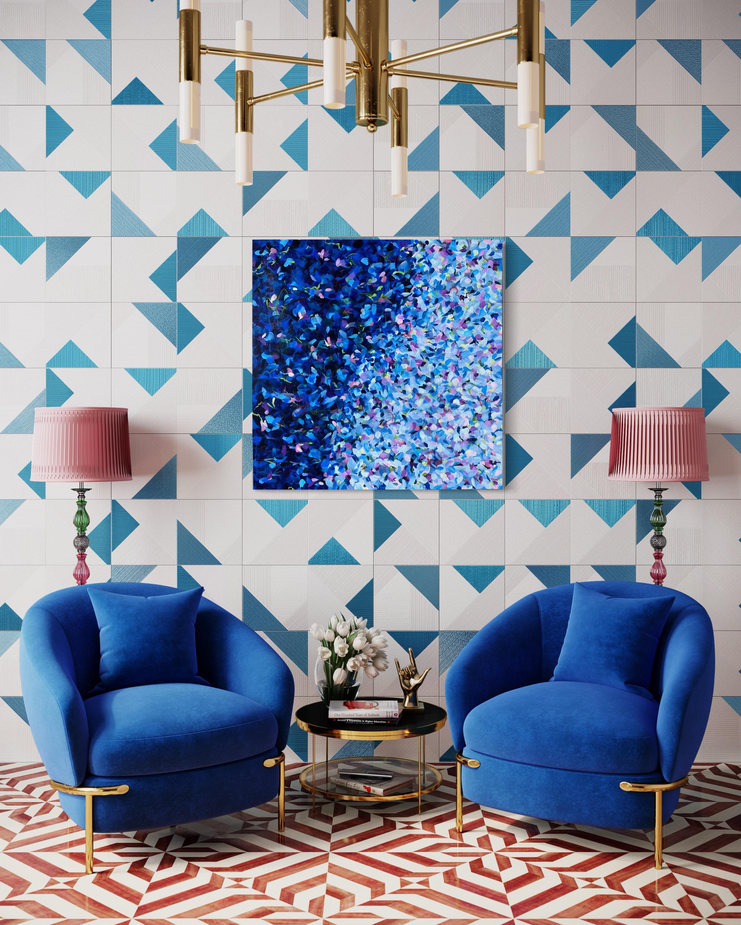 Twinkle (Blau, Abstrakt, Weiß, Rosa, Flieder, Blumen, Landschaft) (Abstrakter Expressionismus), Painting, von Kimberly Marney