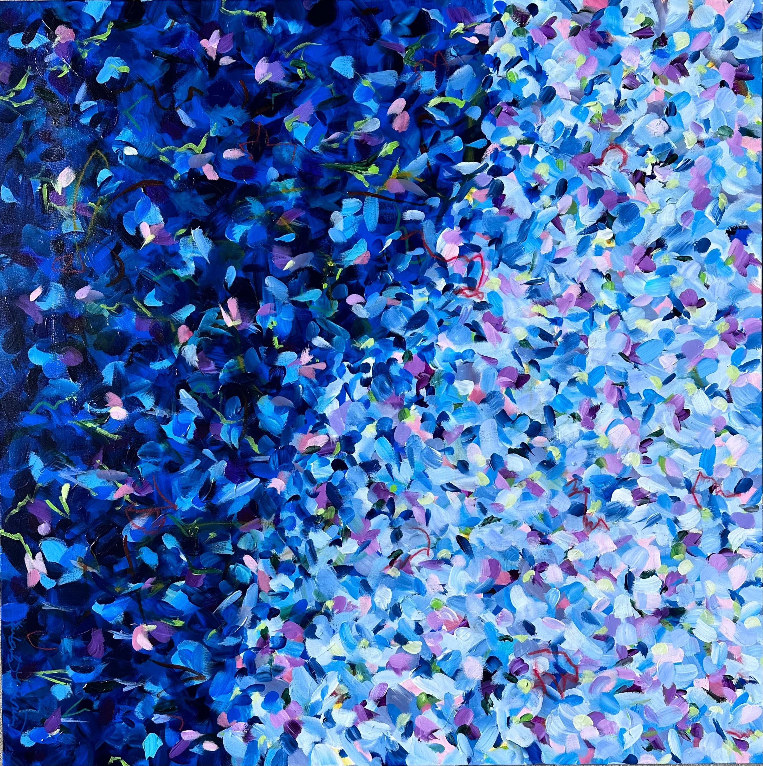 Kimberly Marney Abstract Painting – Twinkle (Blau, Abstrakt, Weiß, Rosa, Flieder, Blumen, Landschaft)