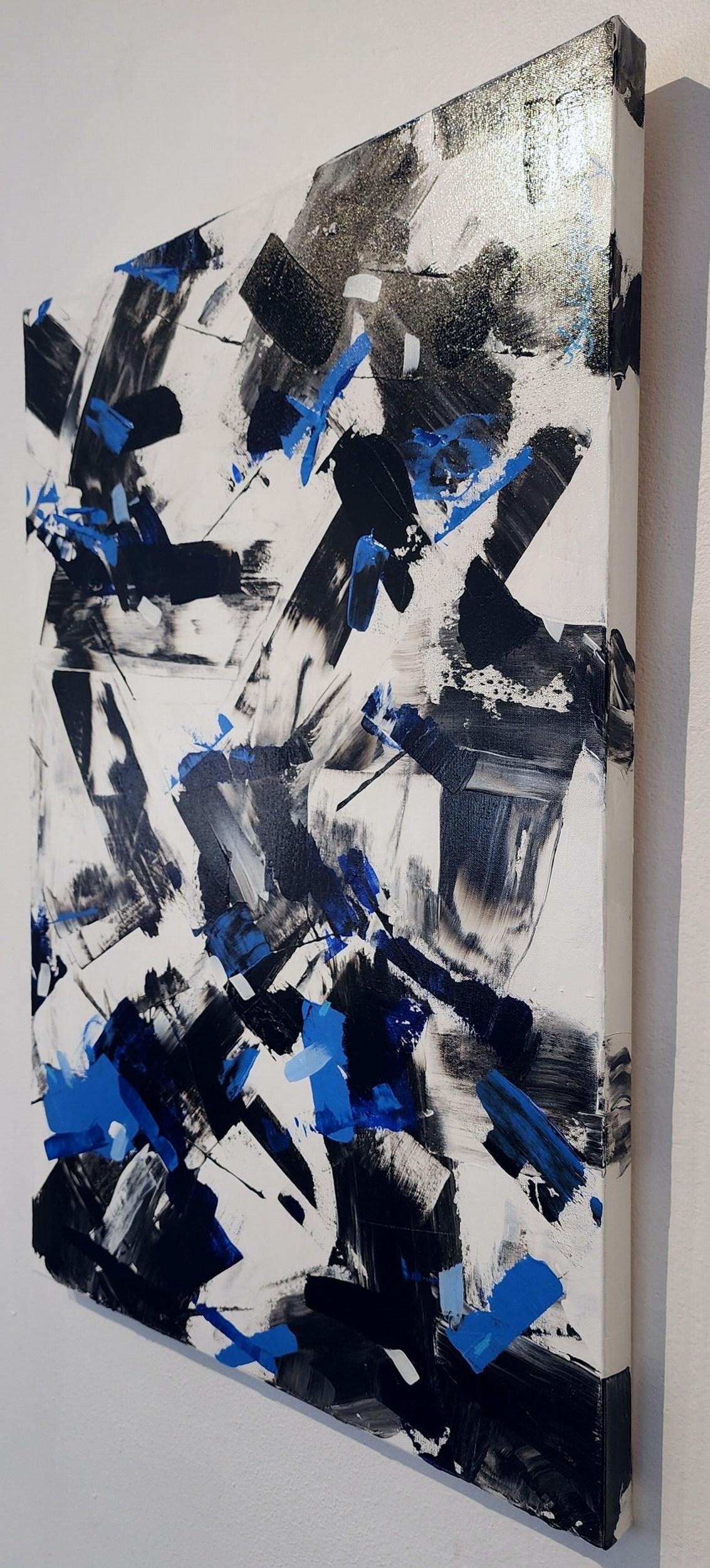 Sans titre (abstrait, noir, blanc, bleu, gestuel) - Painting de Kimberly Marney