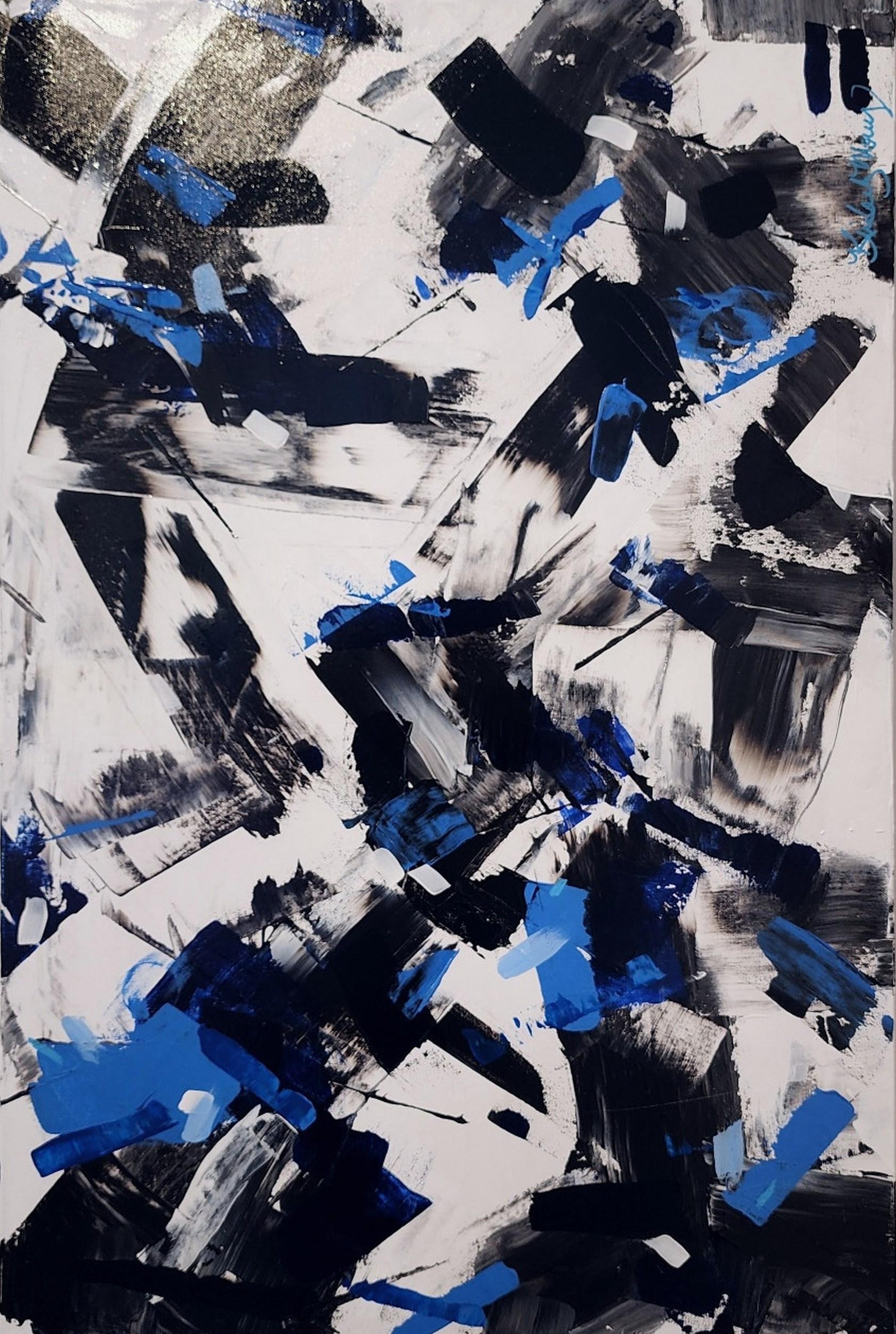 Kimberly Marney Abstract Painting - Untitled (Abstract, Black, White, Blue, Gestural)