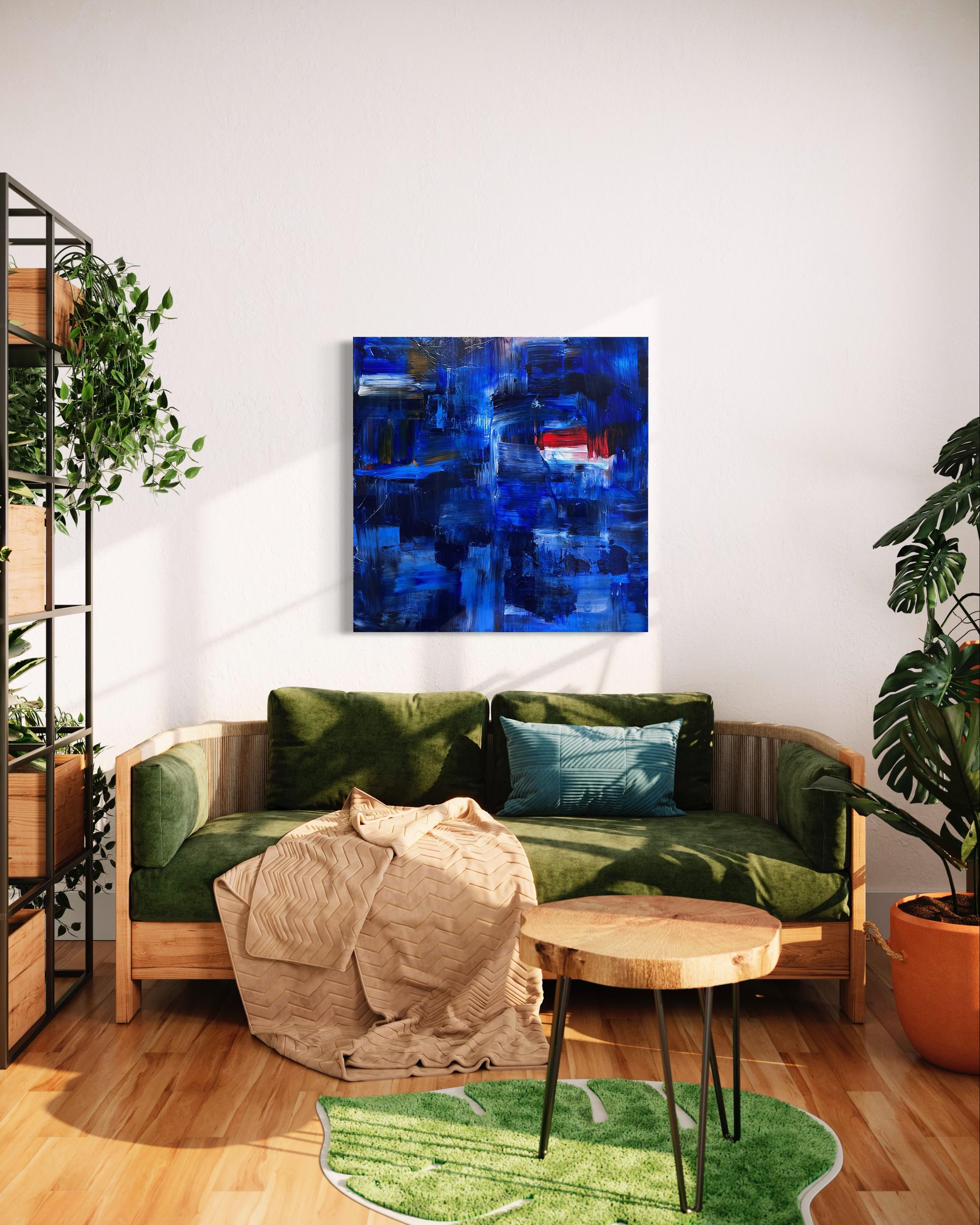 What Lies Beneath - Red (Abstract, Blue, Cityscape, Red) - Painting by Kimberly Marney