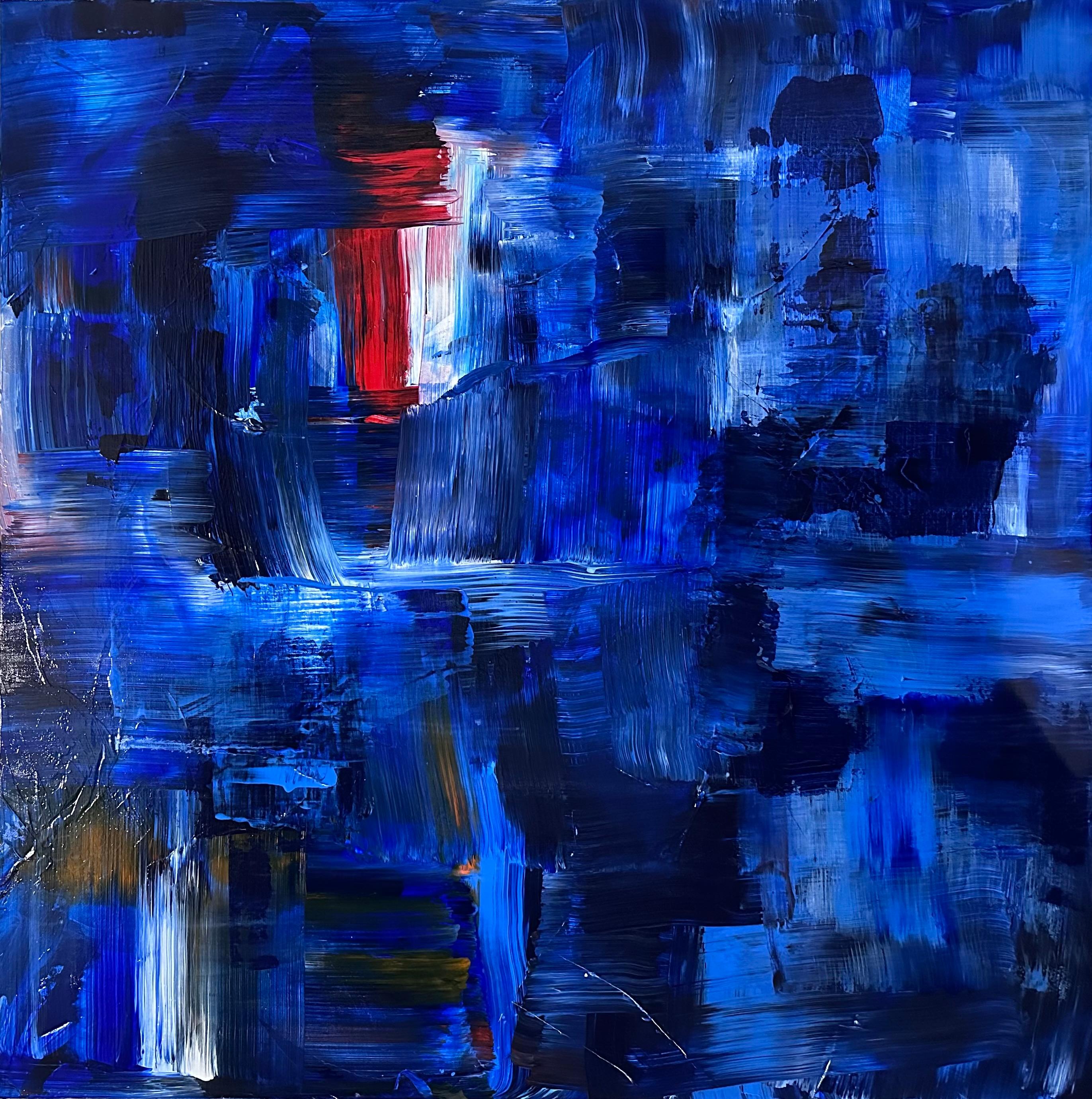 Kimberly Marney Abstract Painting - What Lies Beneath - Red (Abstract, Blue, Cityscape, Red)