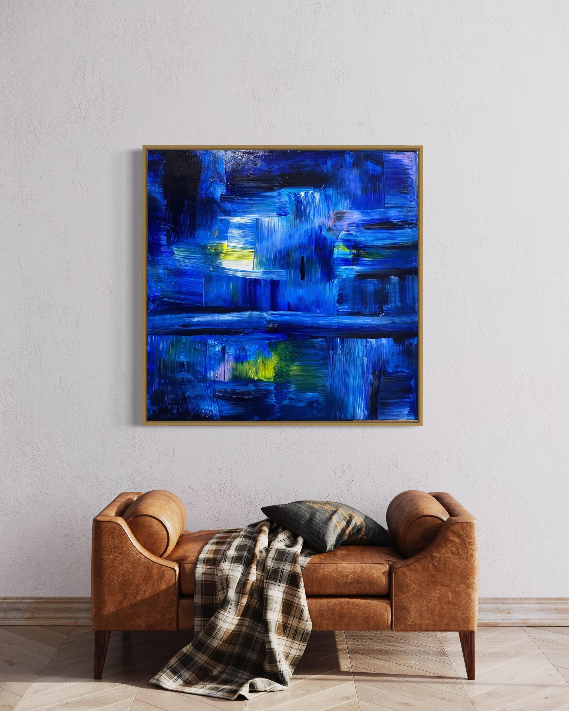 What Lies Beneath - Yellow (Abstract, Blue, Cityscape, Yellow) - Painting by Kimberly Marney