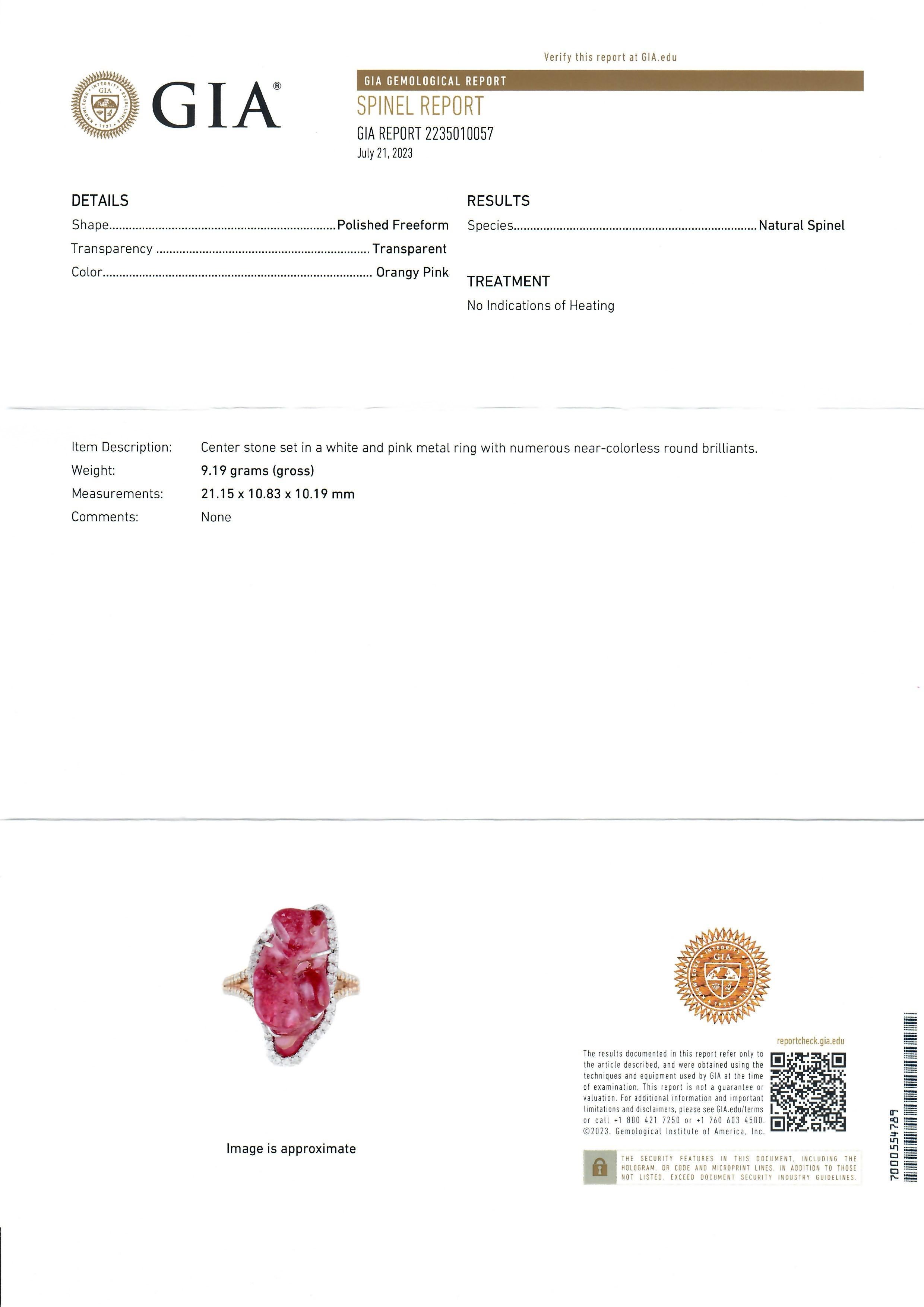 Kimberly McDonald 18k Gold GIA Orangy Pink Tumbled Free Form Spinel Diamond Ring In Excellent Condition For Sale In Montclair, NJ