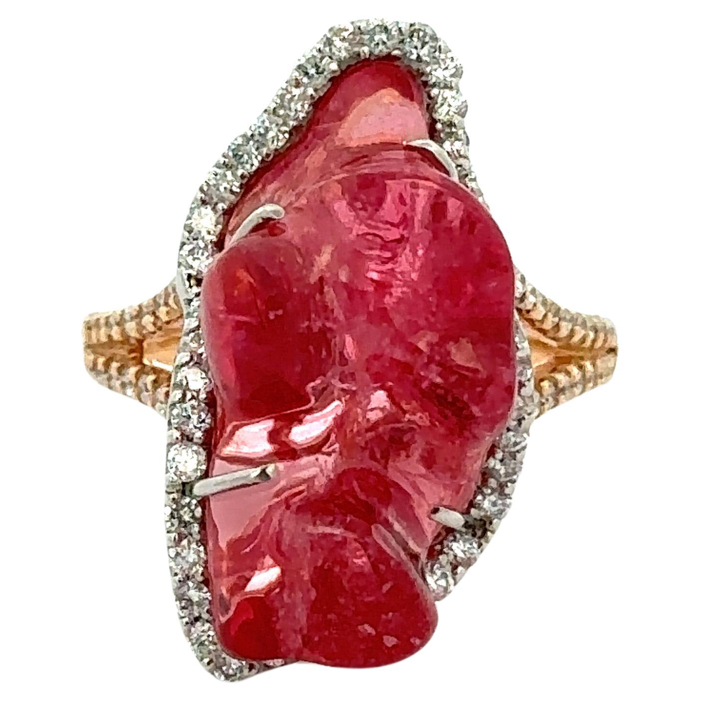 Kimberly McDonald 18k Gold GIA Orangy Pink Tumbled Free Form Spinel Diamond Ring For Sale