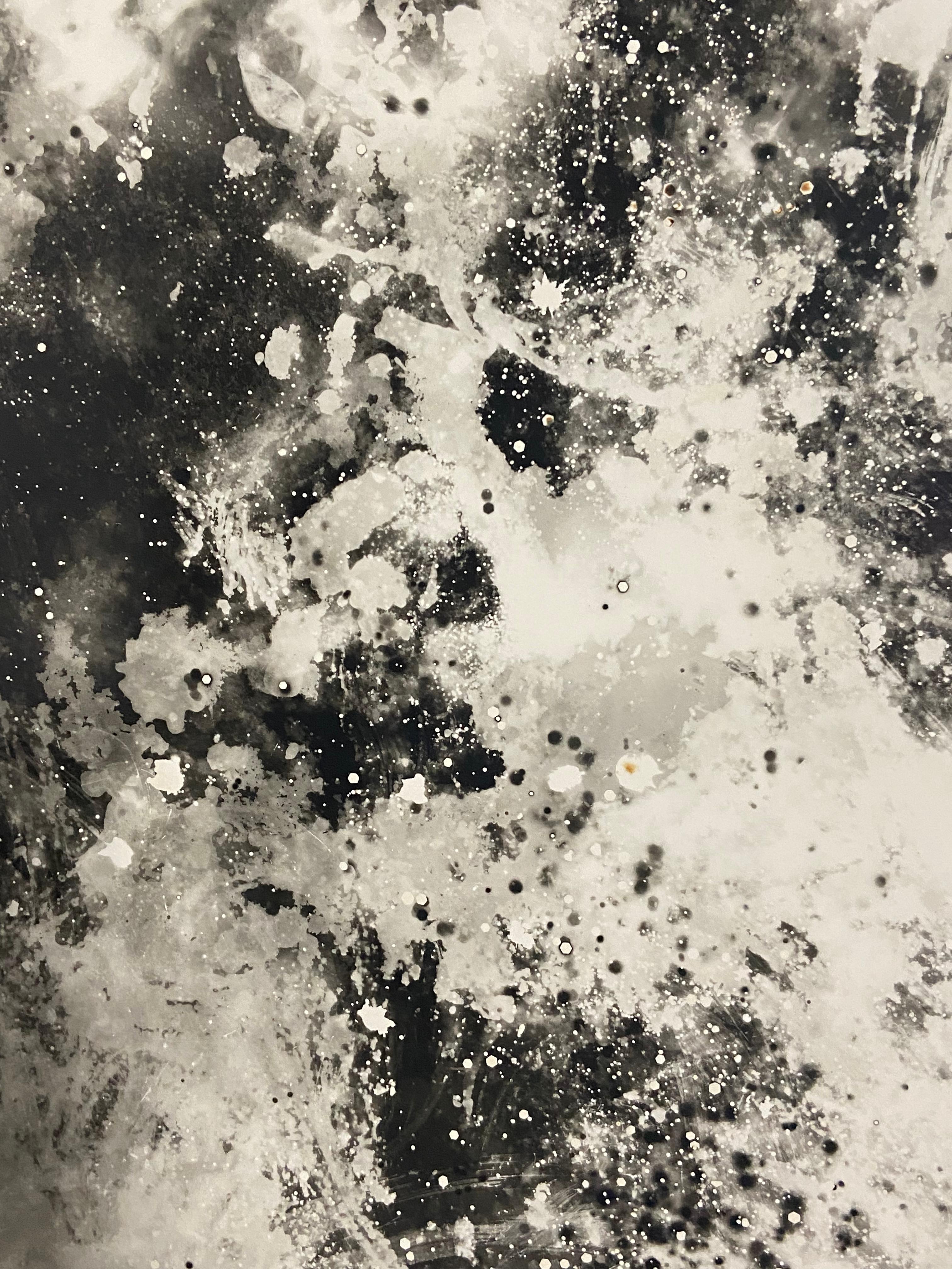 NOW AVAILABLE - Unique gelatin silver print (photogram); Mixed process multiple exposure with ice, sand, glitter, flowers, and wax. Exposed via dripping candle. 16x20 (full frame); printed March 2022. 