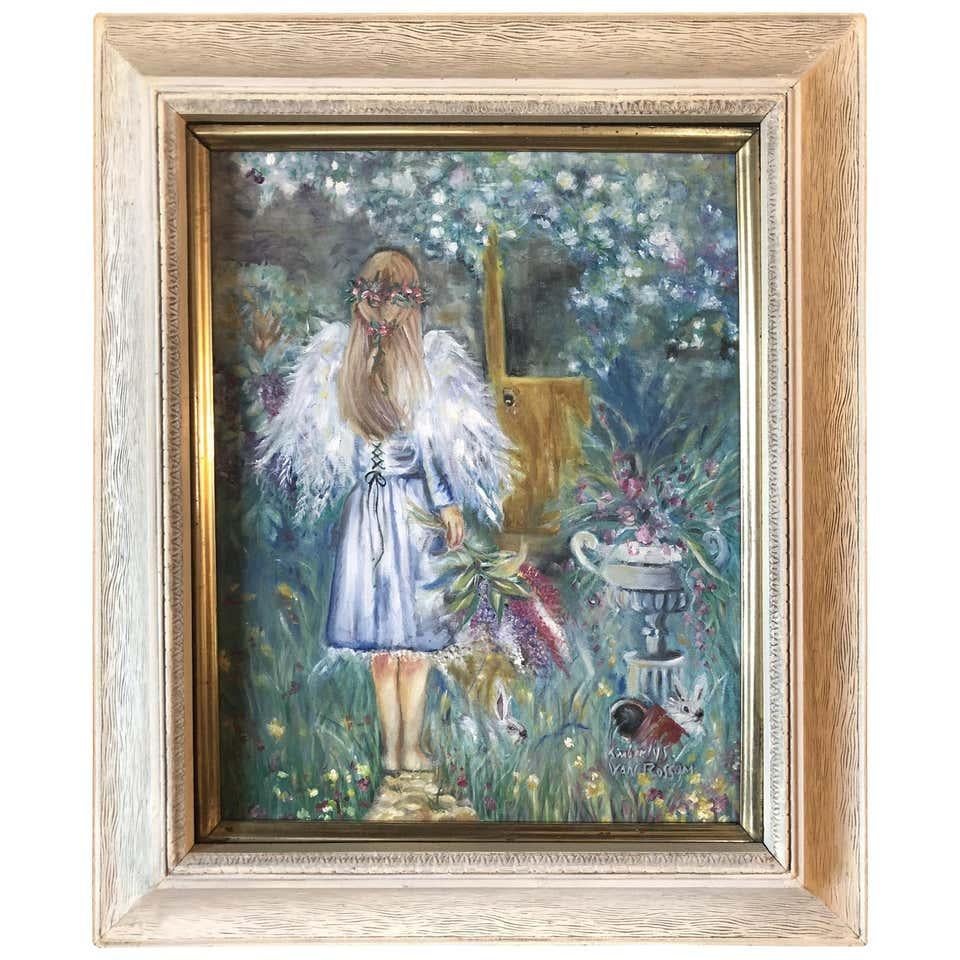 A portrait of young girl in a Garden Acrylic on canvas painting  signed Kimberly Van Rossom .
The painting feature a young girl standing in a garden and the portrait shows white Wings on her back symbol of an angel and innocence. The colors are