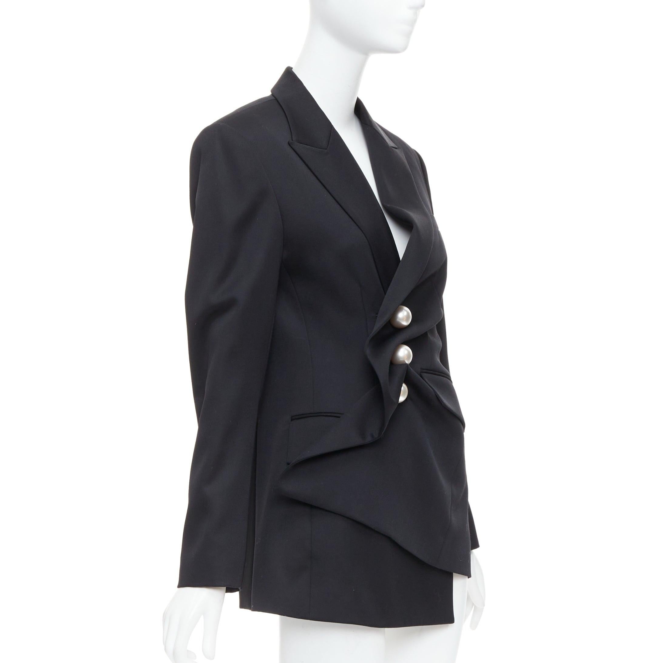 KIMHEKIM 2022 Venus schwarz Wolle Perlenknöpfe drapieren Blazer FR36 S im Zustand „Hervorragend“ im Angebot in Hong Kong, NT