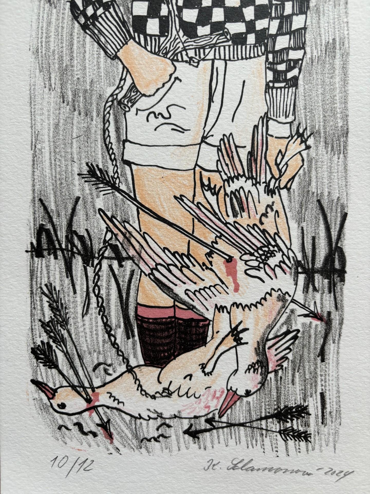 Cazador / Litografía / Limitada / Firmada - Figurative Print Beige de Kimi Salamonova