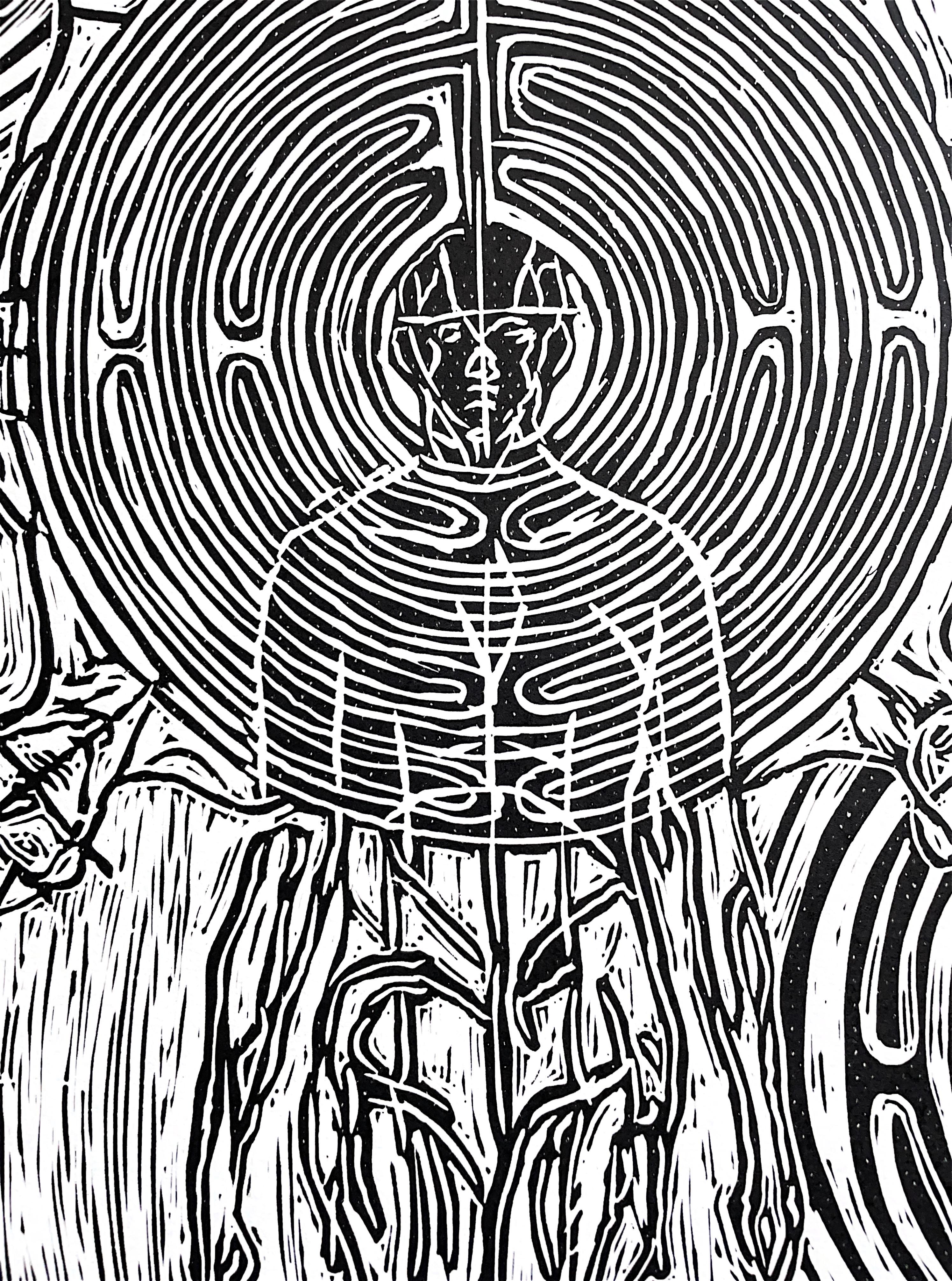 Labyrint I. / Linocut / Edition 2/6 and signed - Black Abstract Print by Kimi Salamonova