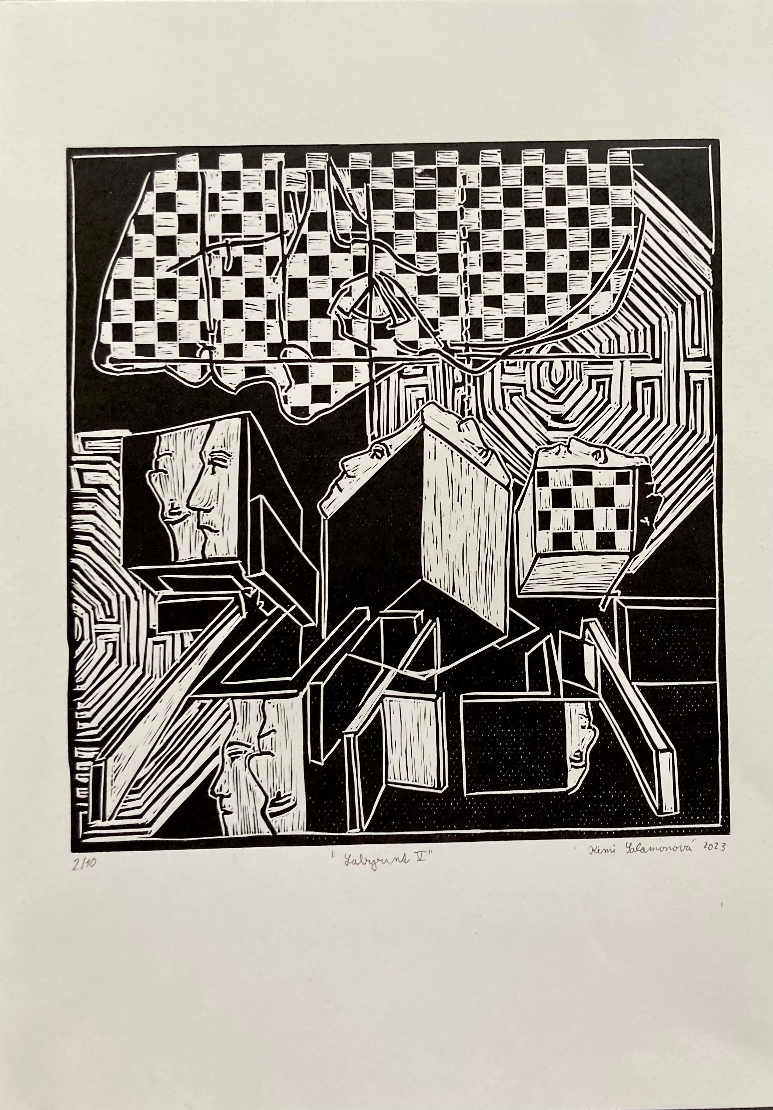 Kimi Salamonova Abstract Print - Labyrint. V. / Linocut / Edition  2/10 signed