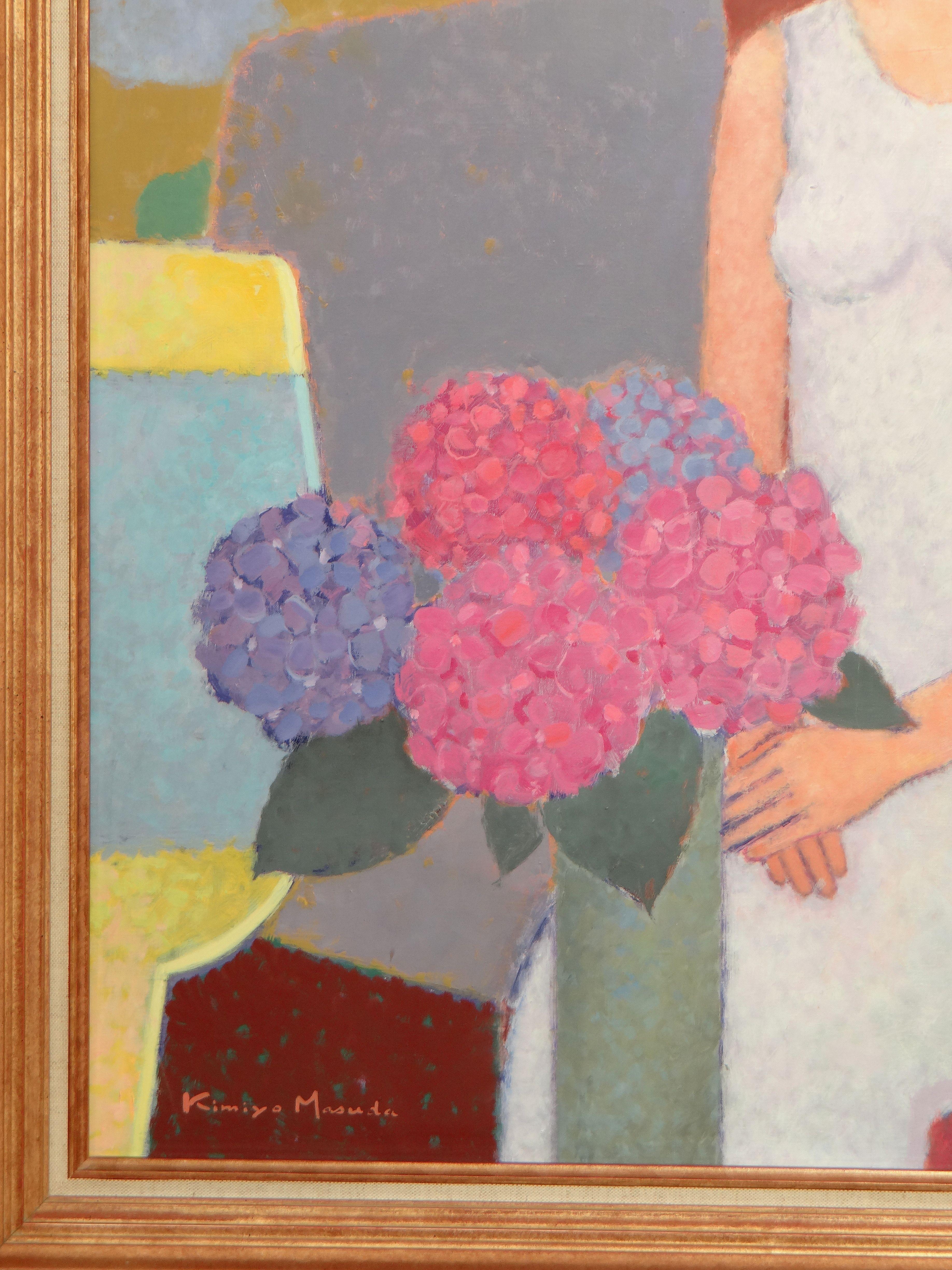 Modern Kimiyo Masuda, Painting Young Women with Bouquet of Flowers, 1988
