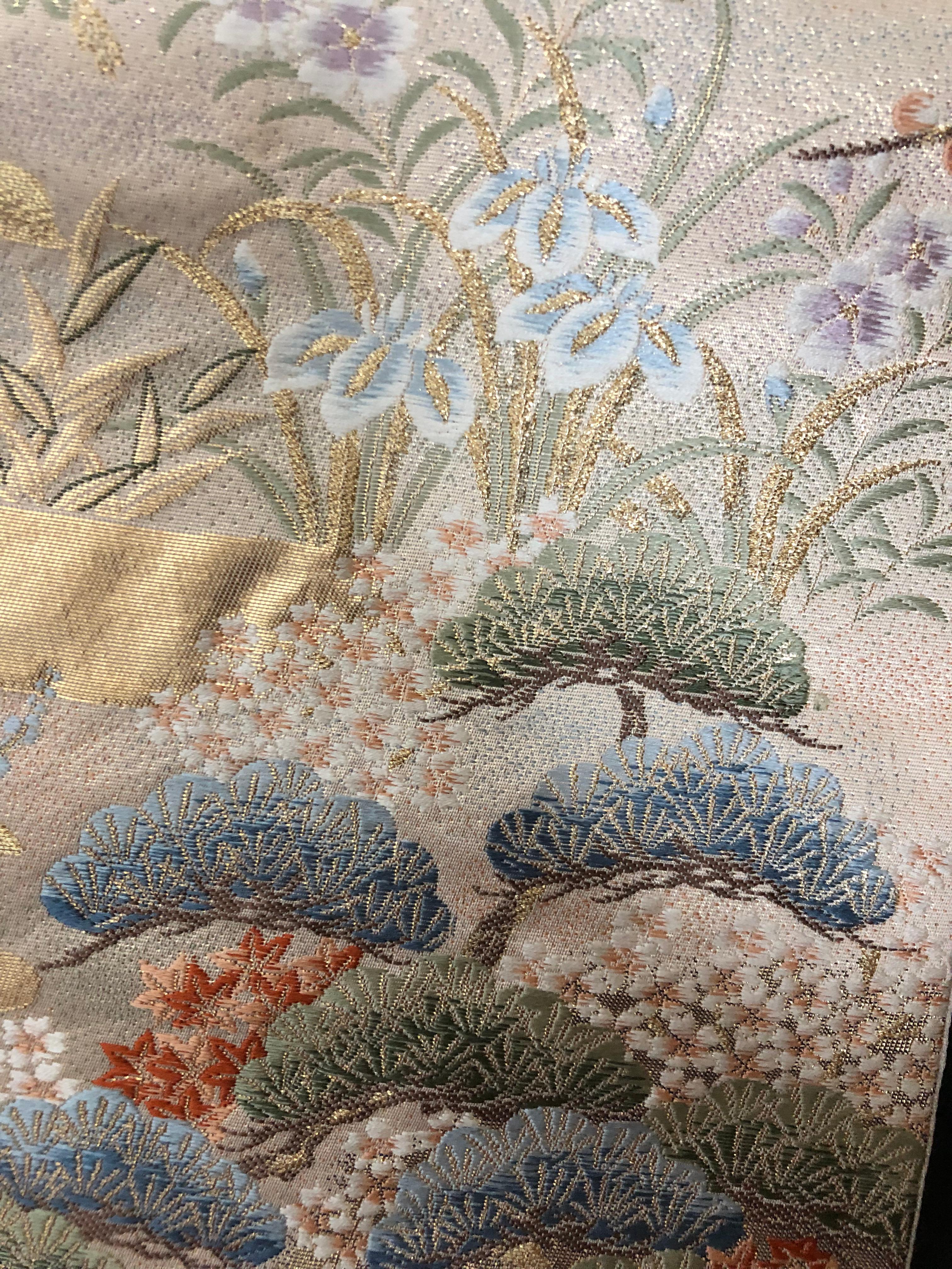 Hand-Crafted Kimono Art / Japanese Art / Wall Decoration -Temple Garden in a Riot of Blooms- For Sale