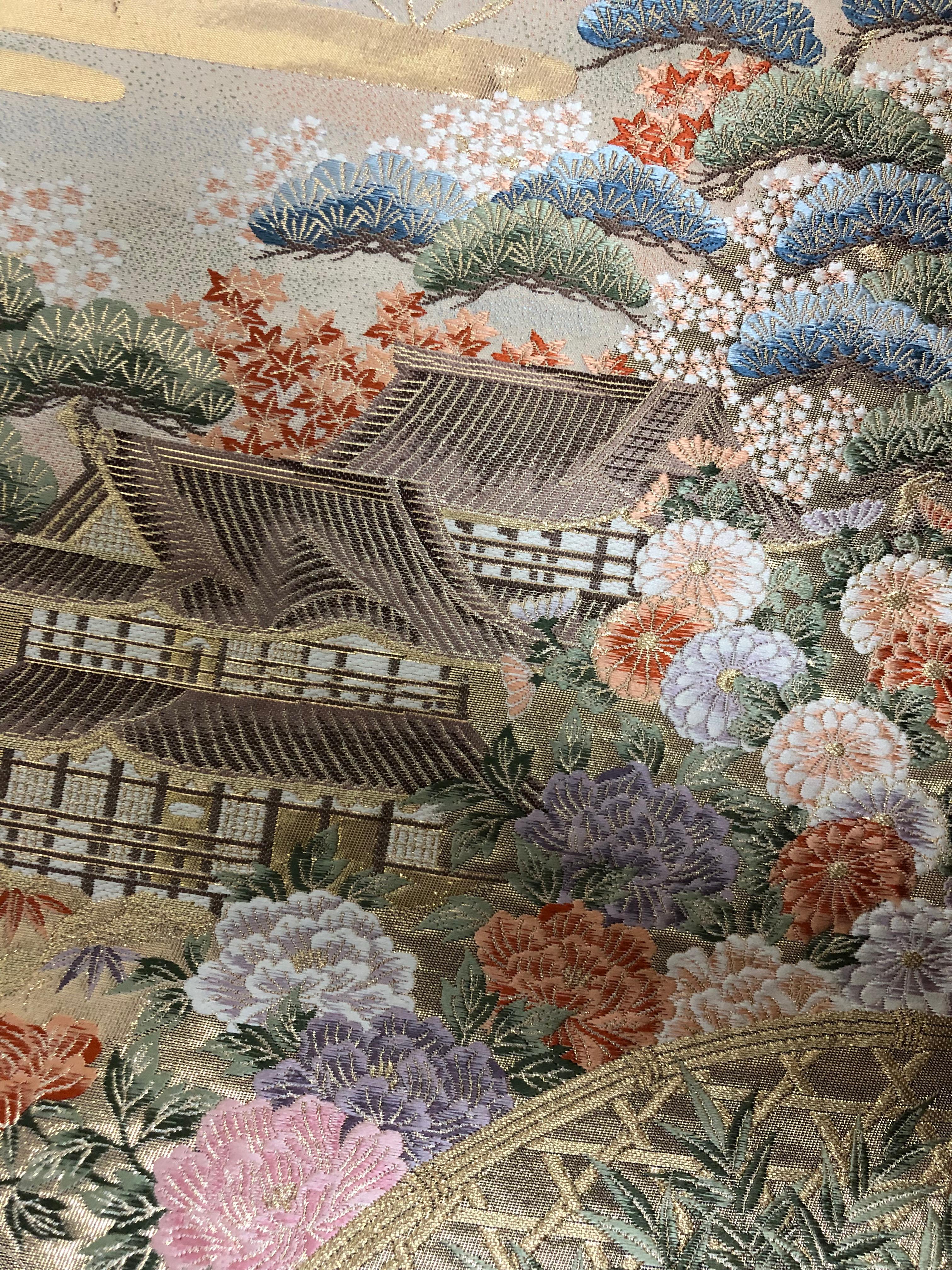 Contemporary Kimono Art / Japanese Art / Wall Decoration -Temple Garden in a Riot of Blooms- For Sale