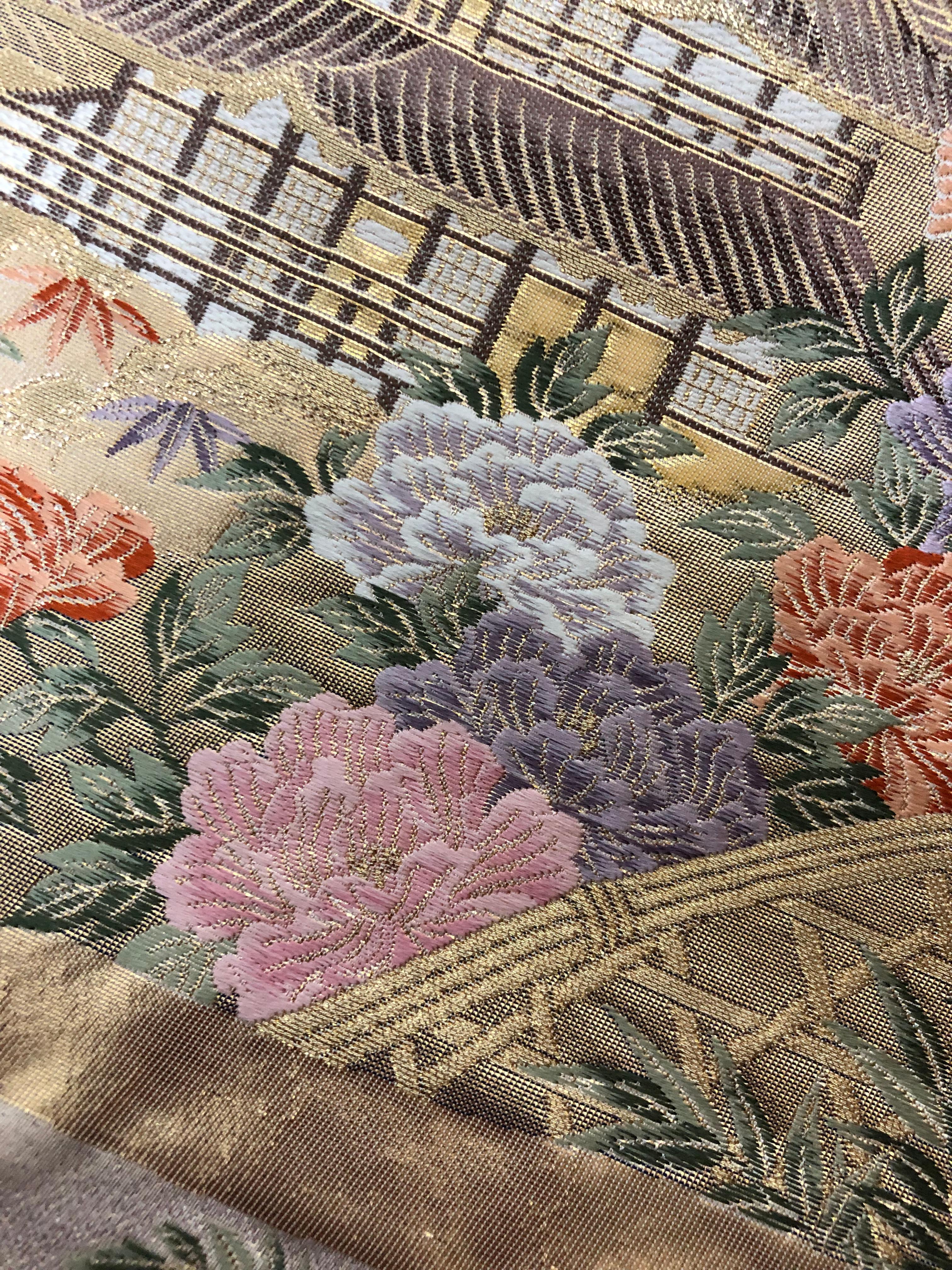 Silk Kimono Art / Japanese Art / Wall Decoration -Temple Garden in a Riot of Blooms- For Sale
