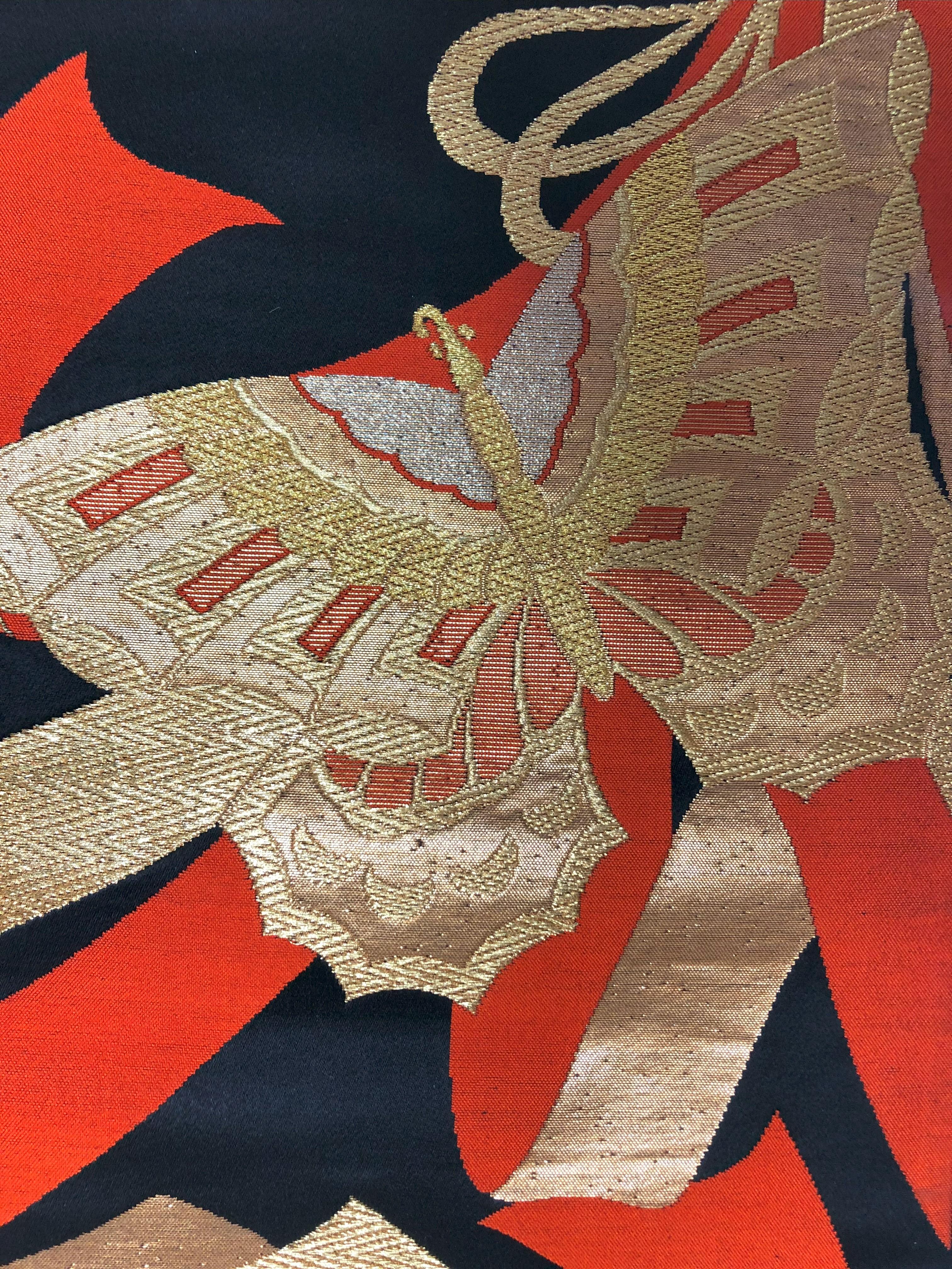 Butterfly of Fortune by Kimono-Couture

*Japanese Kimono Art
*Handmade by Kimono-Couture
*One-of-a-kind Japanese Art

The kimono obi features three butterflies adorned with lavish use of gold threads, gold leaf, and silver leaf. 
In Japan,