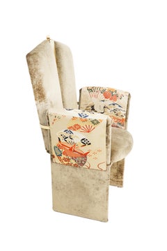 Sedia contemporanea "Kimono", velluto, seta Kimono vintage, vetro argentato, ottone
