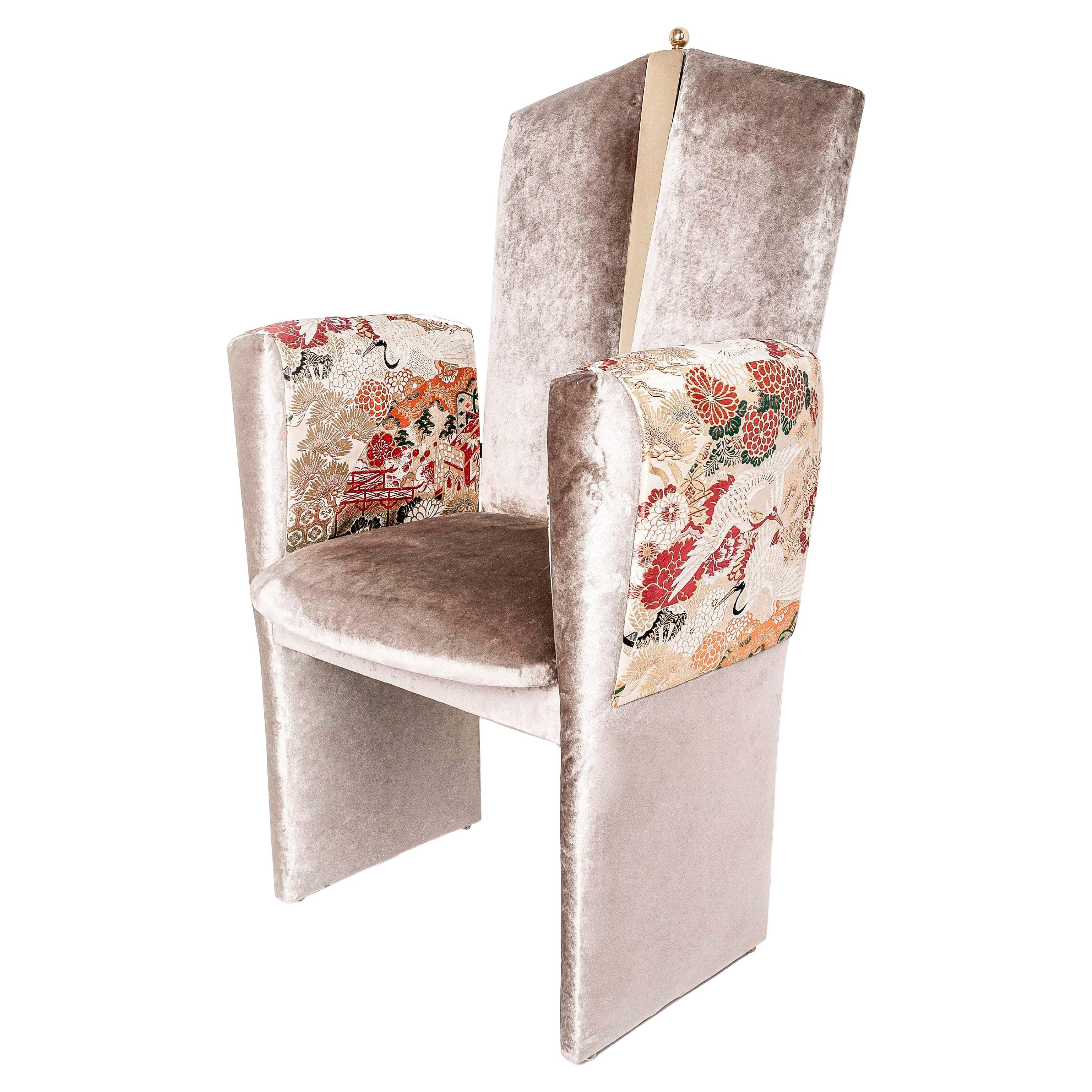 "Kimono" Contemporary Chair, Velvet, vintage Kimono Silk , Silvered Glass, Brass For Sale