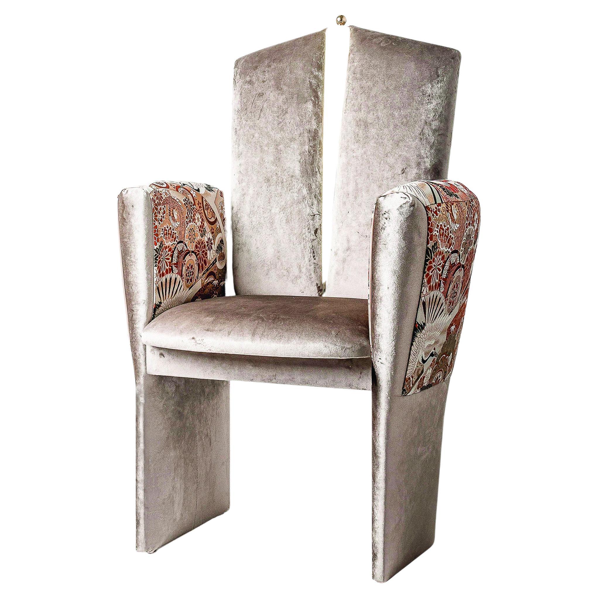 "Kimono" Contemporary Chair, Velvet, vintage Kimono Silk , Silvered Glass, Brass